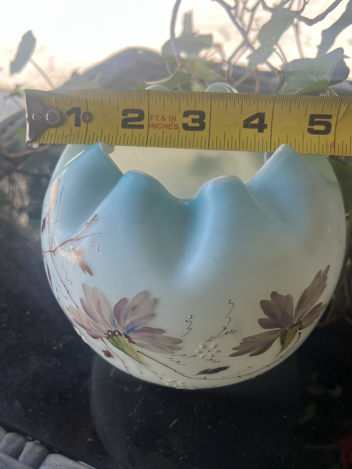 Blue White Antique Bohemian Rose Bowl Vase Hand Painted Flowers