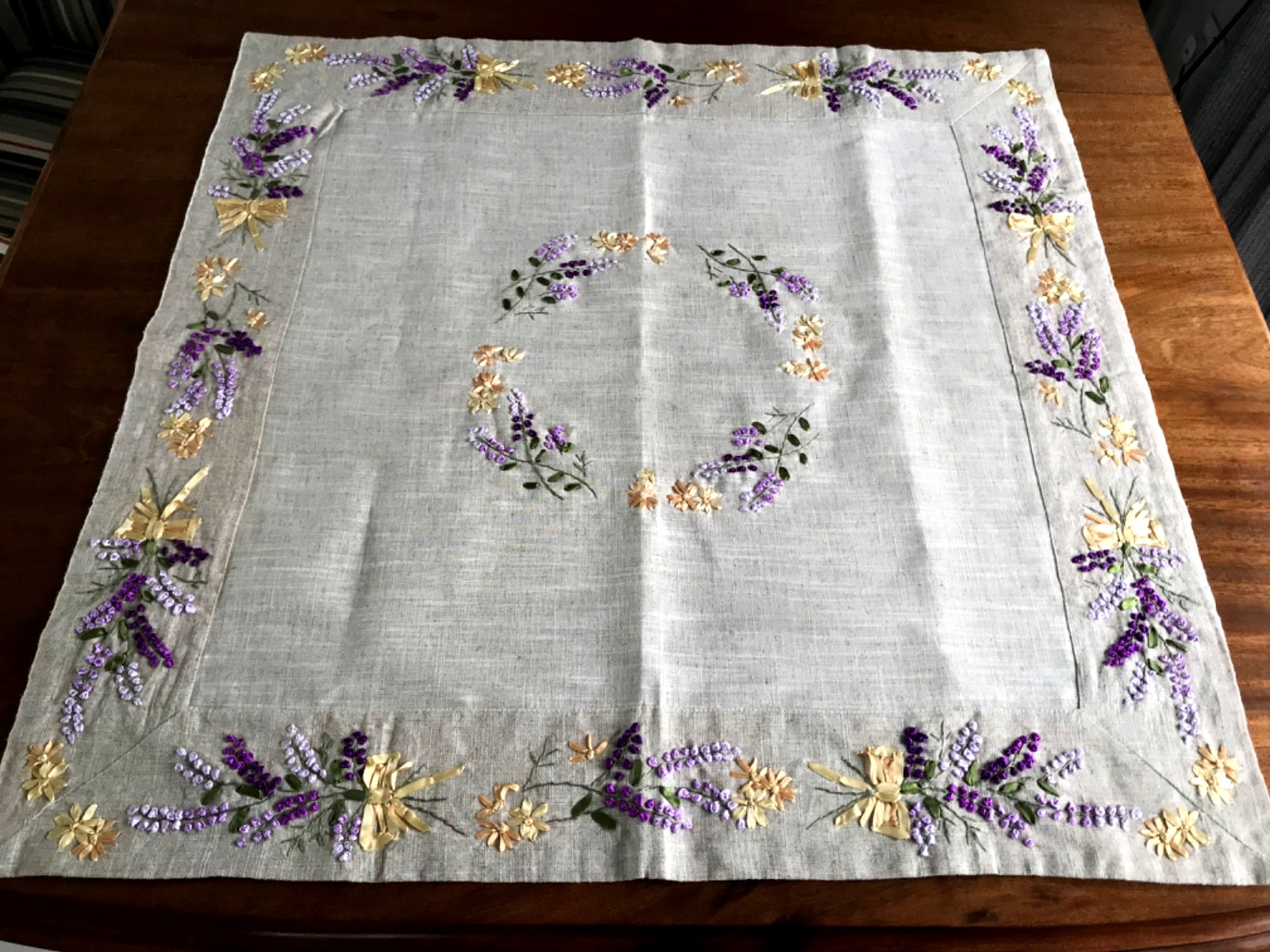Hand embroidered Ribbon tablecloth Natural Linen Colour Rayon 35×35 inches