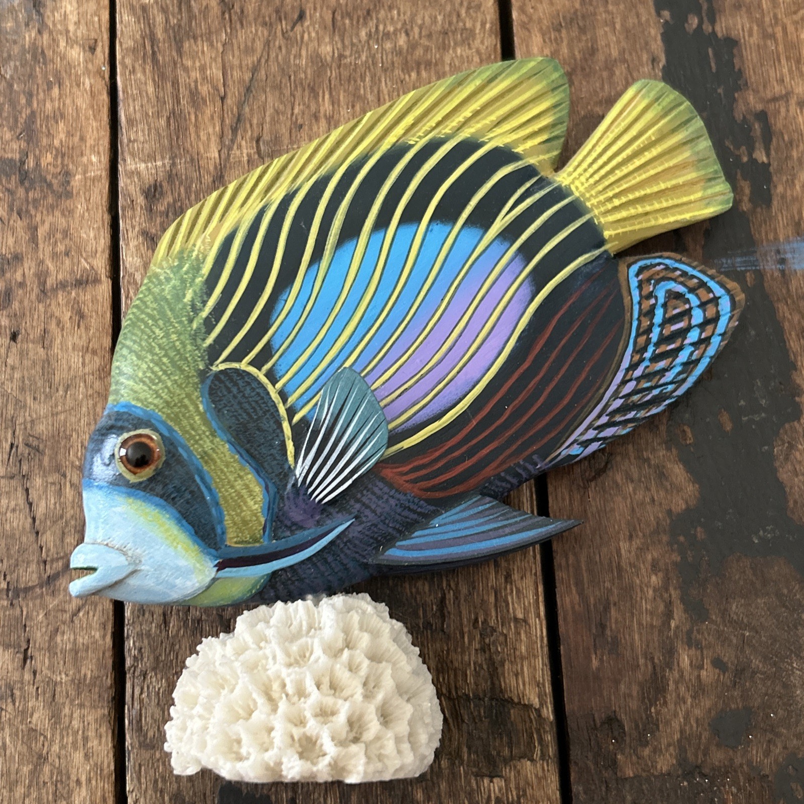 Wooden Emperor Angelfish Tropical Fish Painted on Coral Stand Figurine 6”