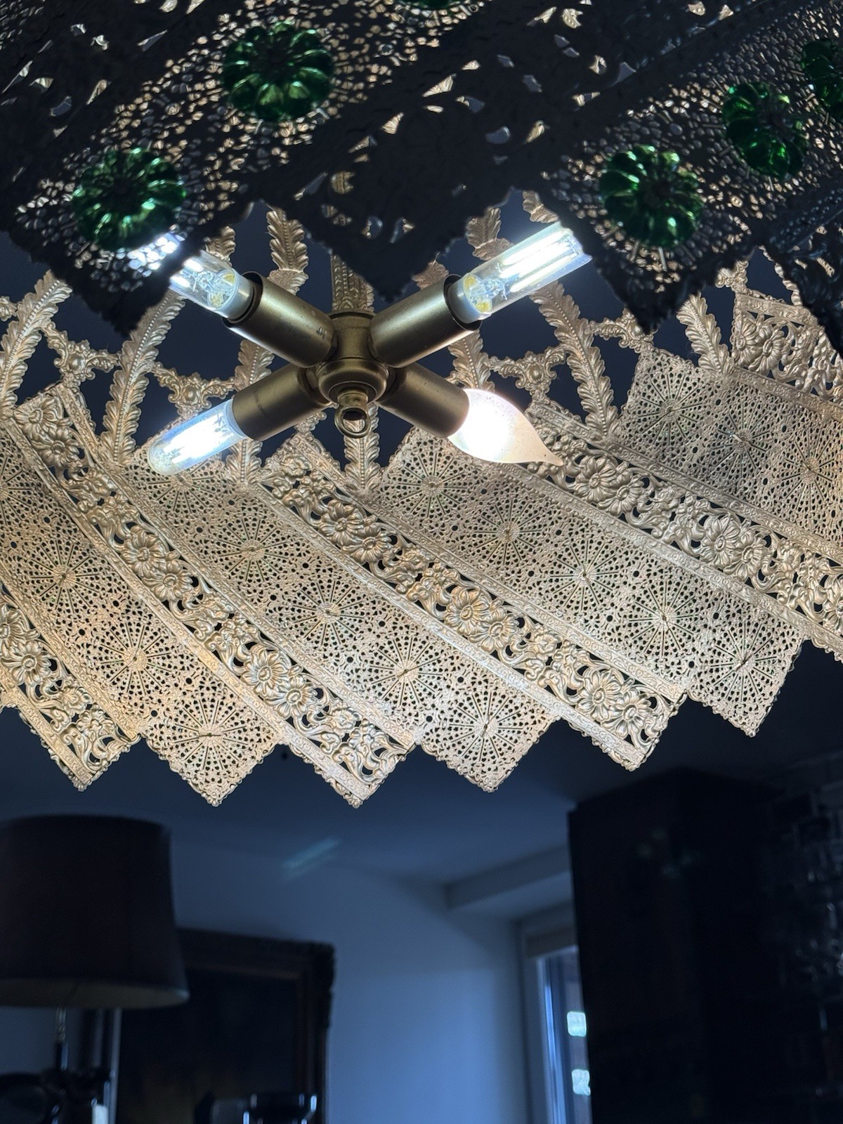 Vintage Brass Light Hanging LampCrystals Hollywood Regency