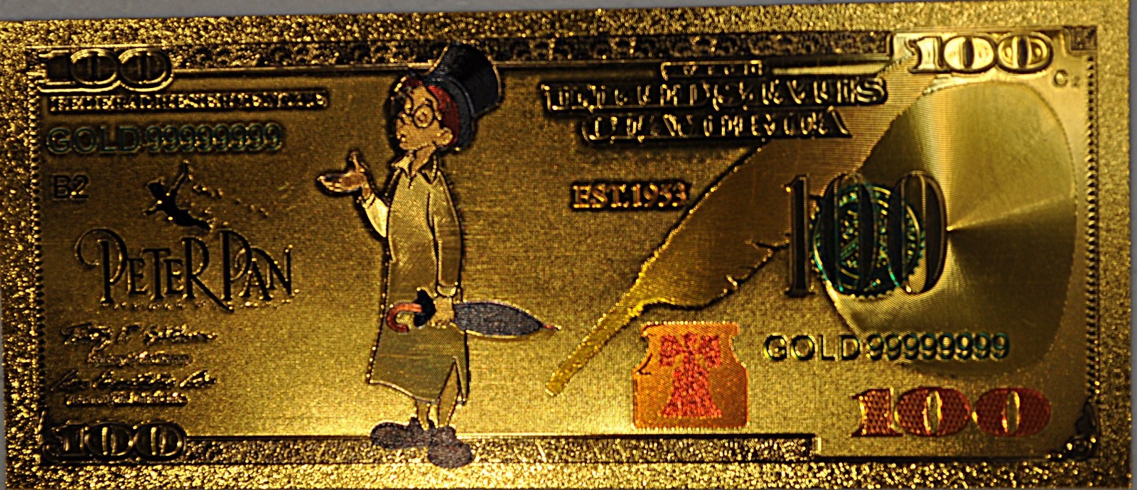 5pc Peter Pan Gold Foil Note Set Disney Inspired Collectible Novelty Banknotes