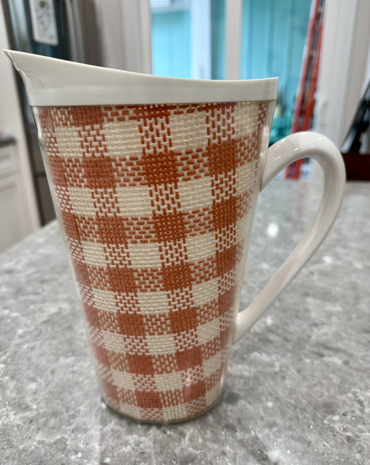 Vintage MCM Raffiaware Duo Temp Melmac Plaid Woven Burlap Pitcher & 5 Cups