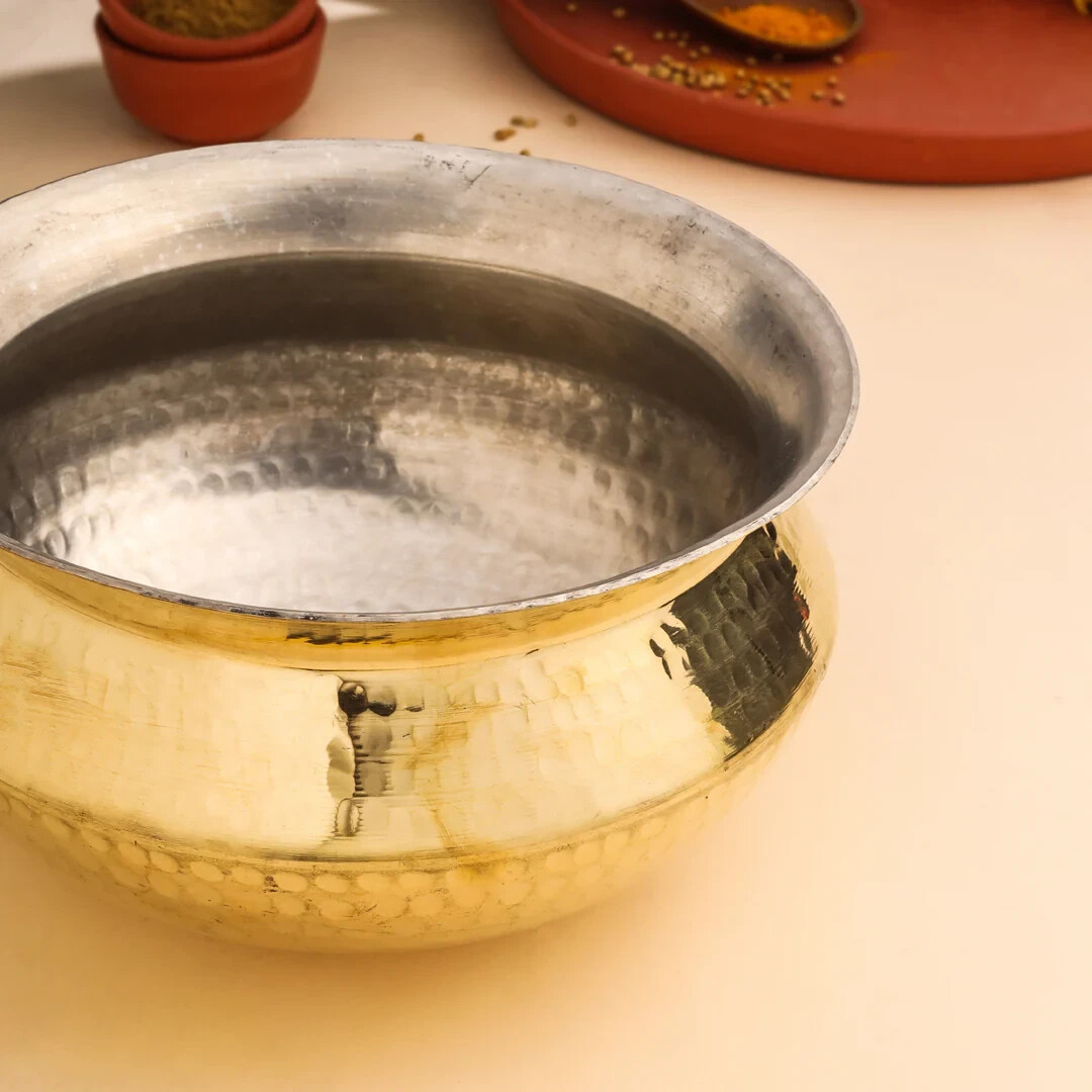 Heavy Bottom Hammered Finish Brass Biryani Rice Cooking Pot Home & Restaurants