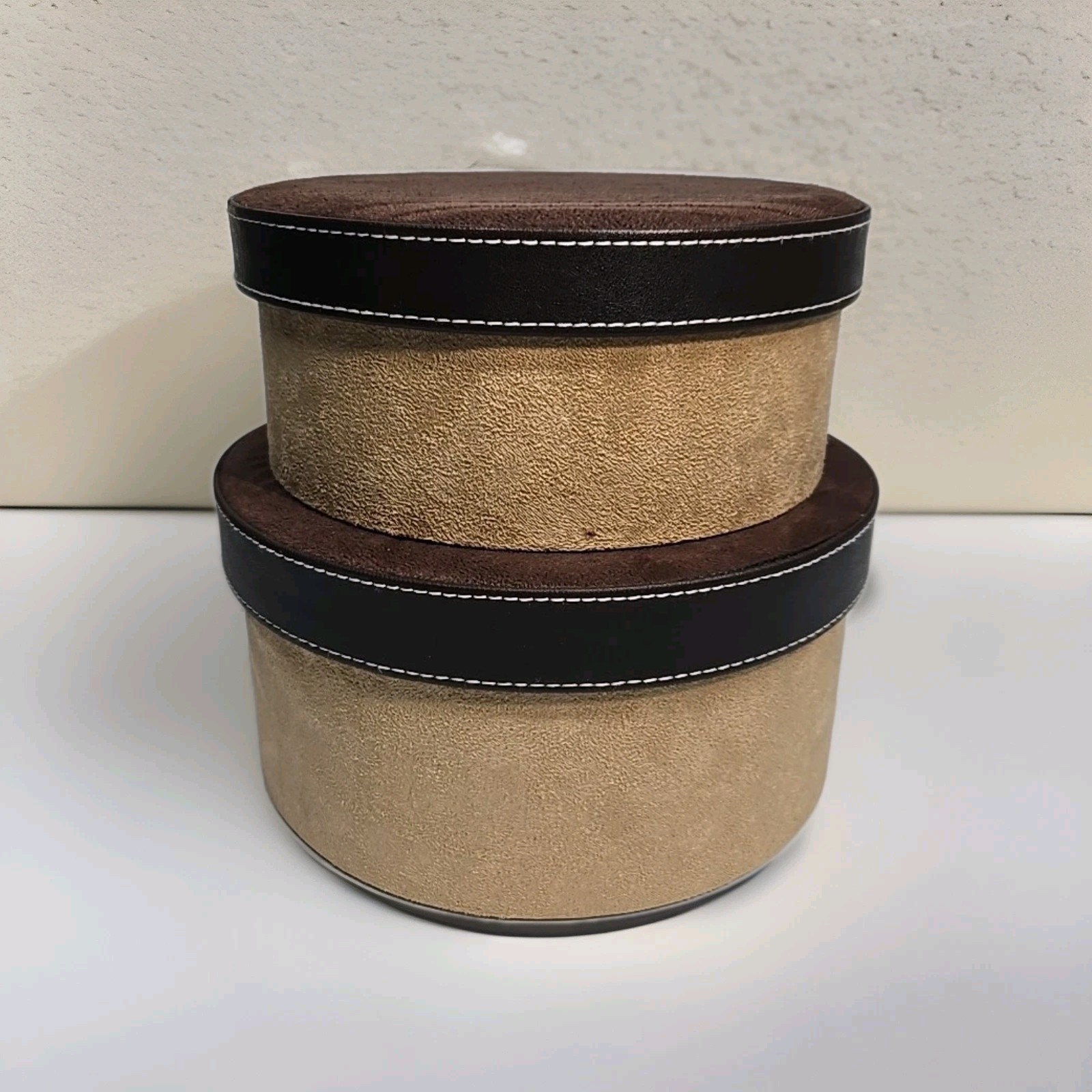 Round Hat Box Style Suede Nesting Boxes – Set of 2 Brown Holiday Gift Set