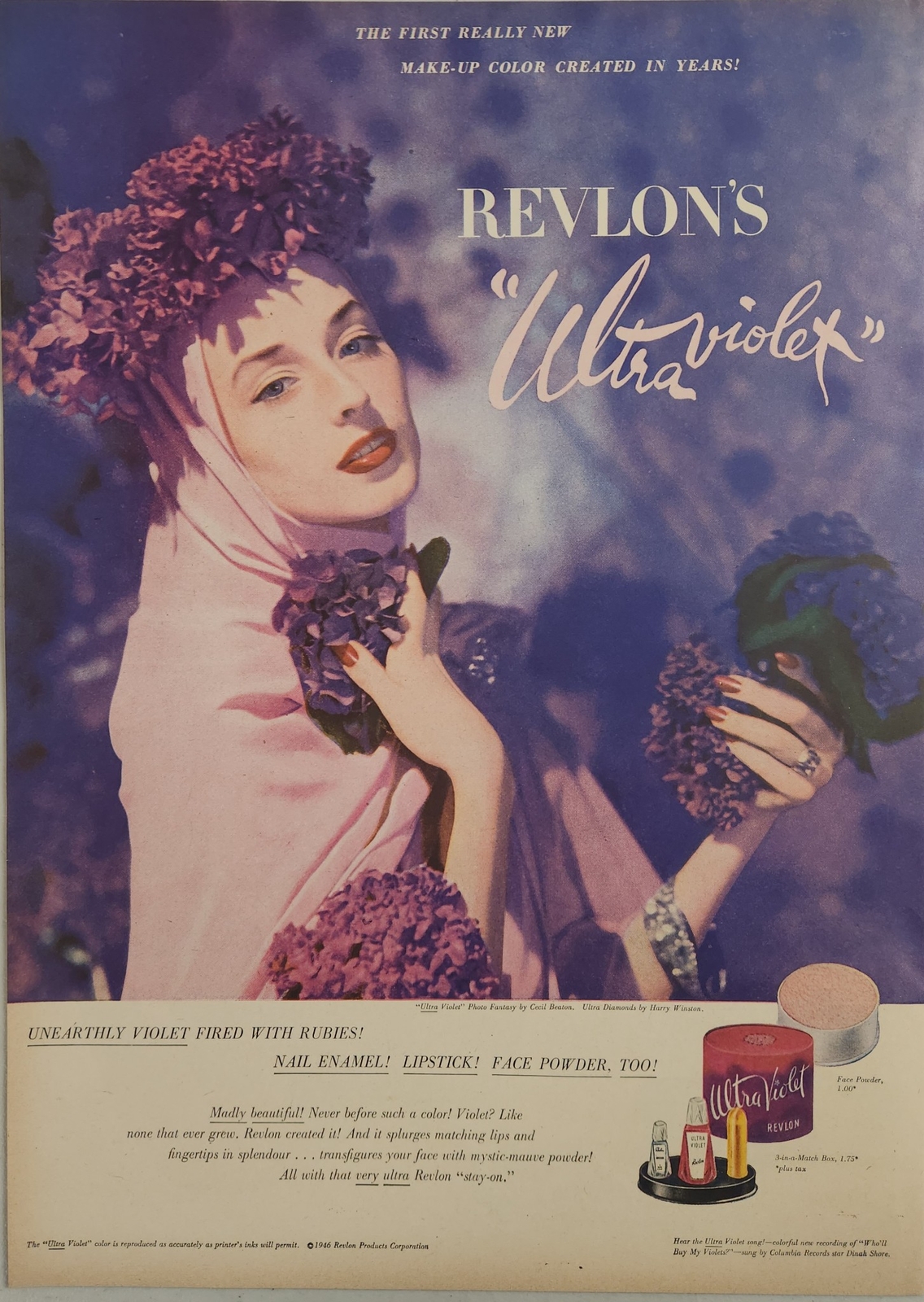 1946 Print Ad Revlon’s “Ultra Violet” Nail Enamel,Lipstick, Face Powder