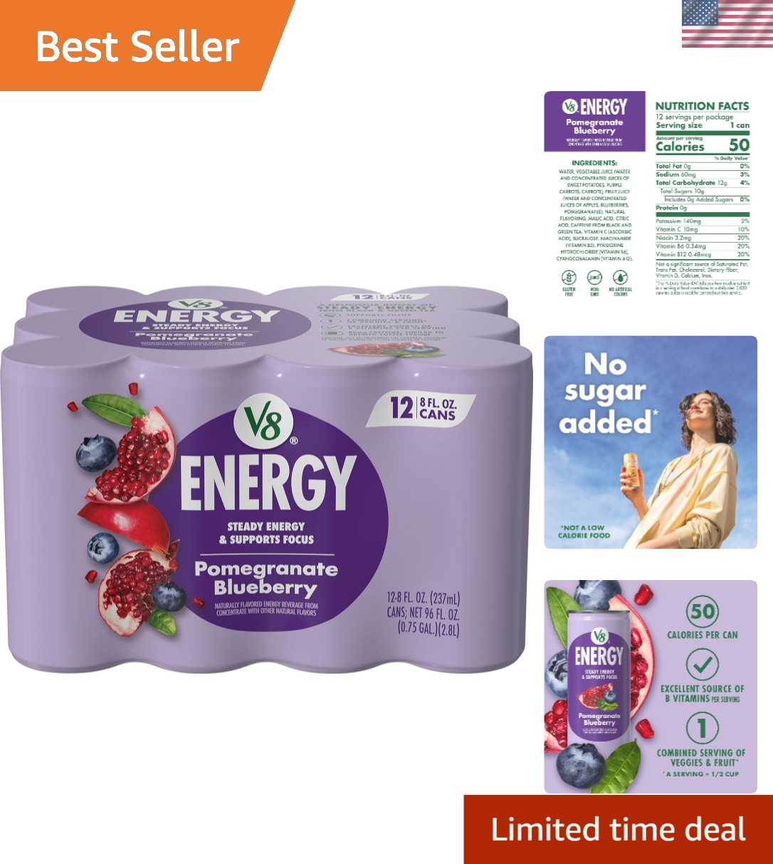 No Added Sugar Pomegranate Blueberry Energy Drink – Gluten Free, Pack of 12 Cans