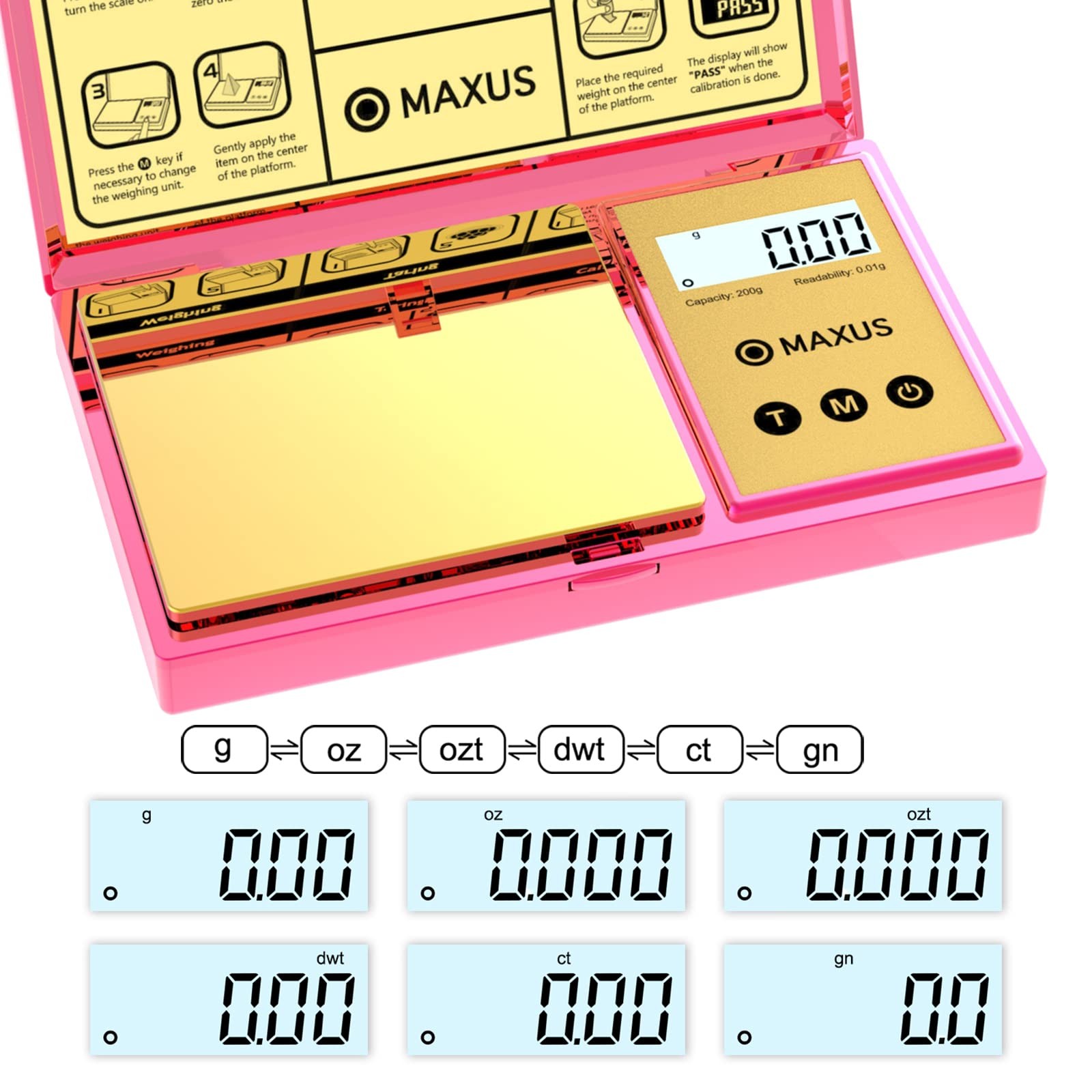 MAXUS Digital Gram Scale with 200g x 0.01g Capacity, Stylish Pink Mini,