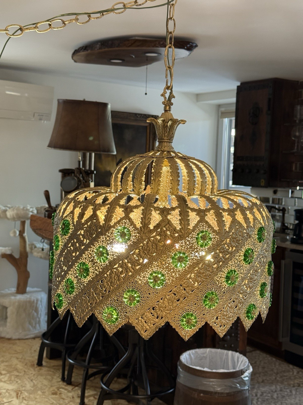 Vintage Brass Light Hanging LampCrystals Hollywood Regency