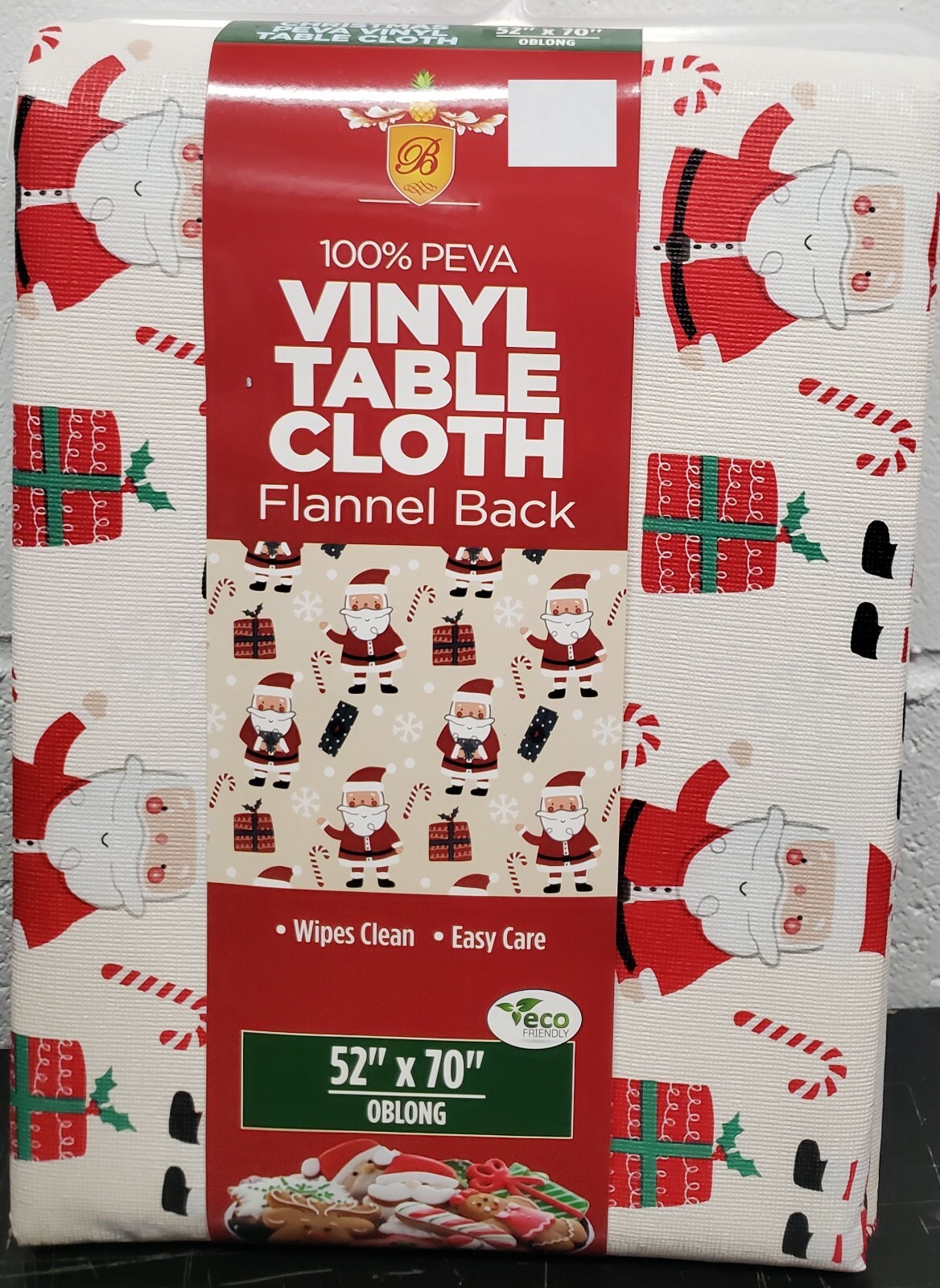 Peva Vinyl FlannelBack Tablecloth,52″x70″Oblong,CHRISTMAS SANTAS ON BEIGE,Broder