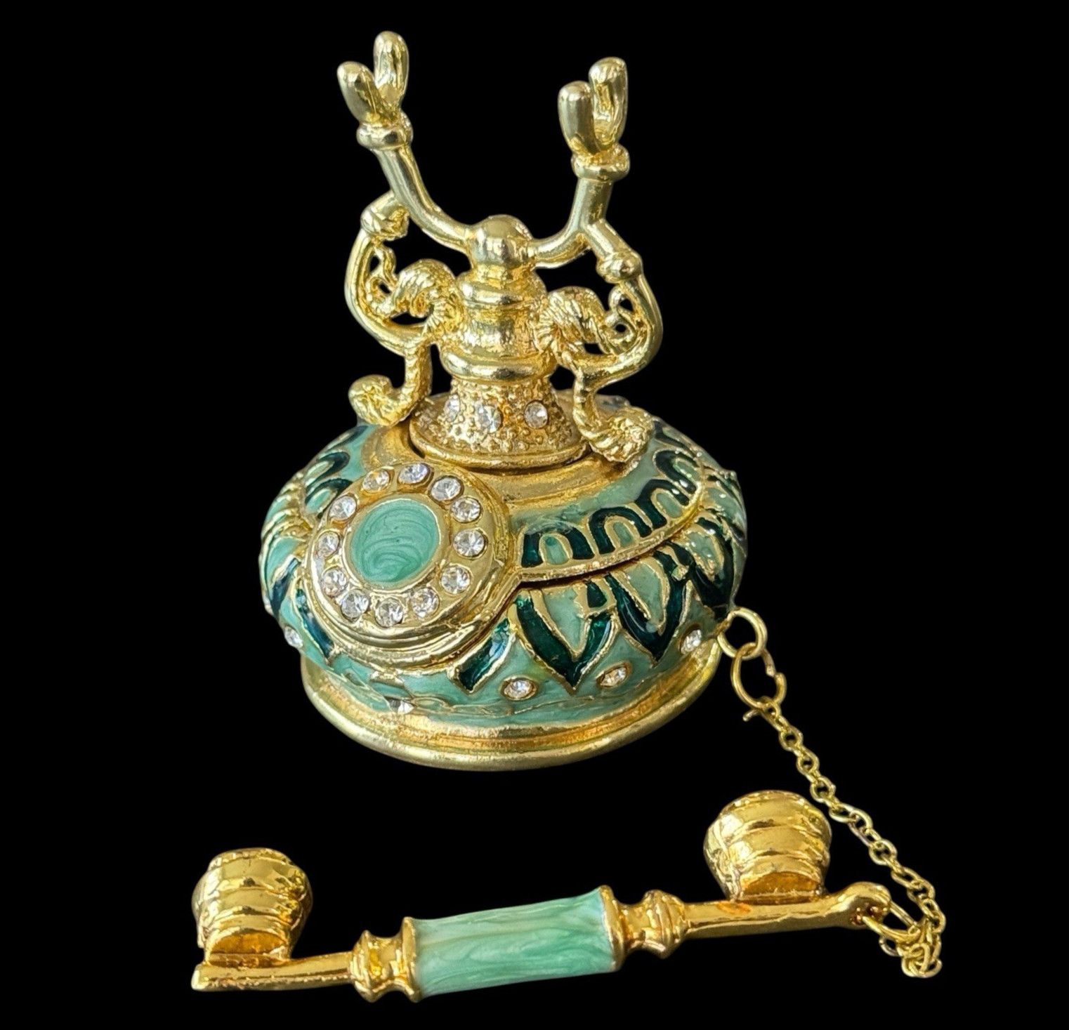 Vintage Telephone Trinket Box Hinged Gold Green Enameled Jeweled Ring Holder