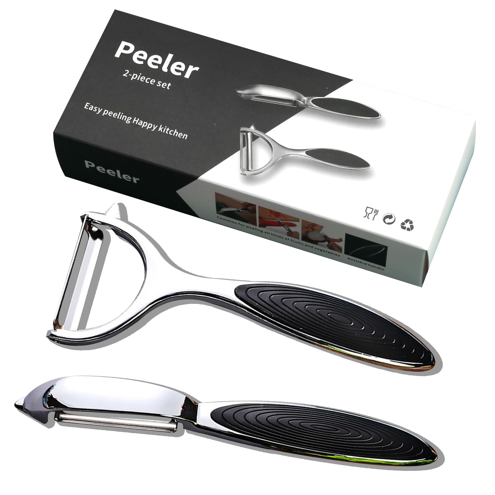 Zinc Alloy Vegetable Peeler Set, 2-Pack Y-Type and Straight Medium, Black