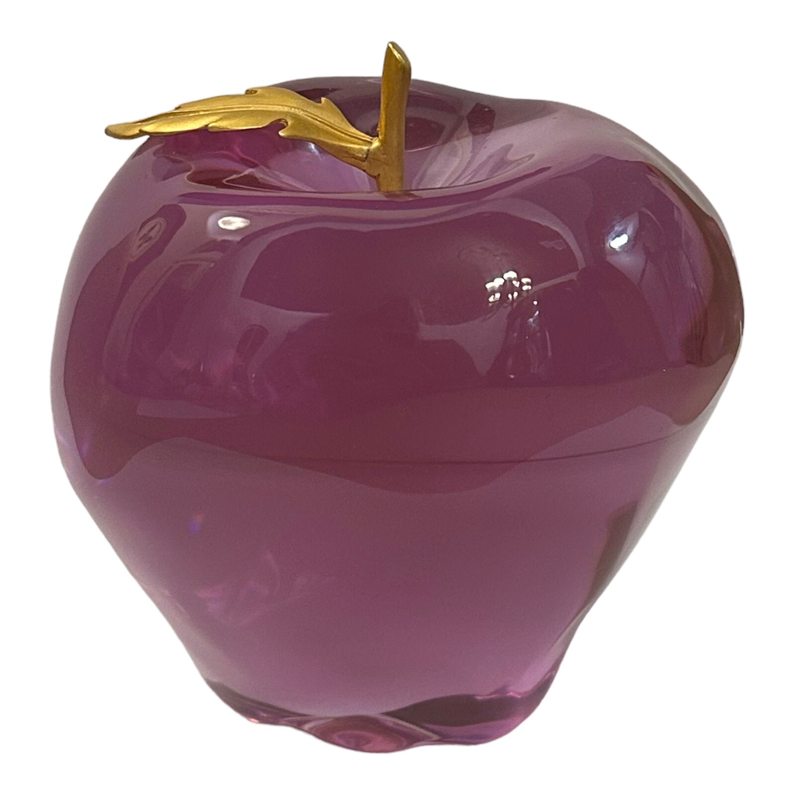 Vintage Lucite Acrylic MCM Paperweight Purple Apple Gold Metal Leaf Stem 22 oz