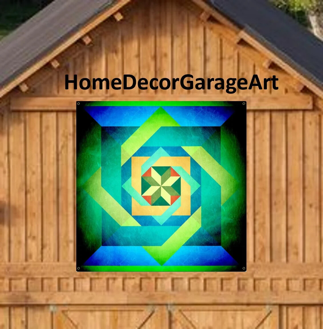 Amish Barn Quilt Art Sign, Box In Box Blue Green, Square Metal Sign, 9 Sizes