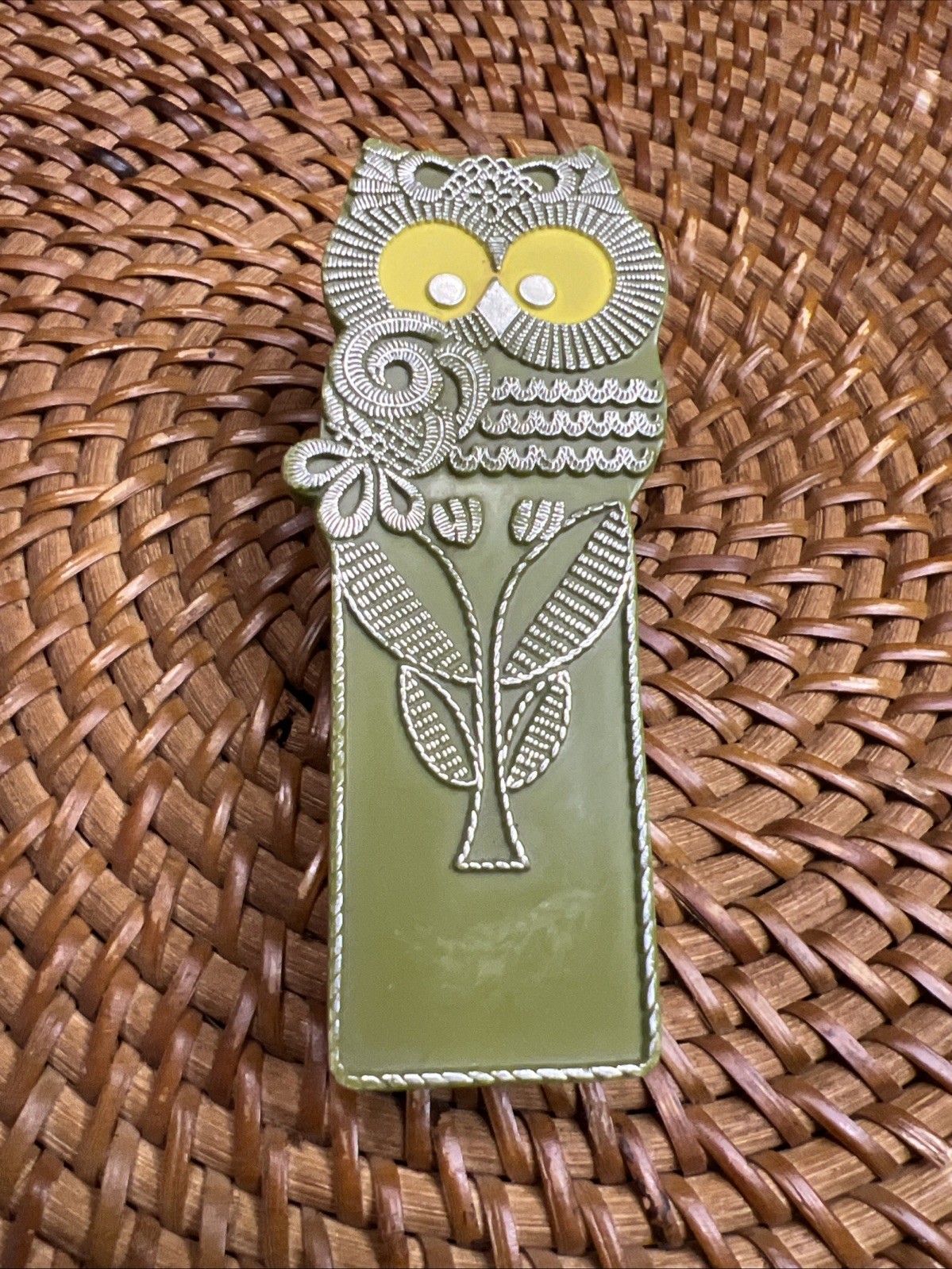 Vintage 1970 Green Yellow Owl Stapler Hallmark Springbok MCM Desk decor