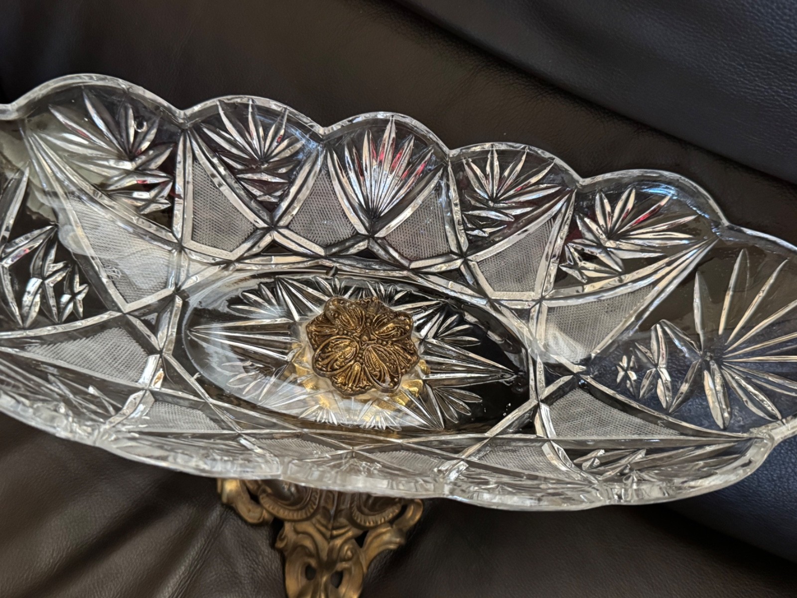 VTG Oval Cut Crystal & Cast Metal Pedestal 13” Width Compote Center Piece Bowl