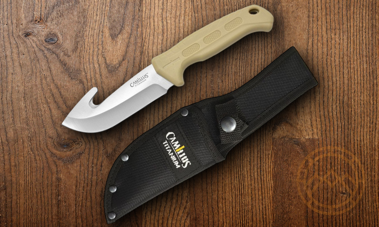 Camillus Roto Fixed Knife 4″ Full Tang 420 Steel Guthook Blade Tan TPR Handle