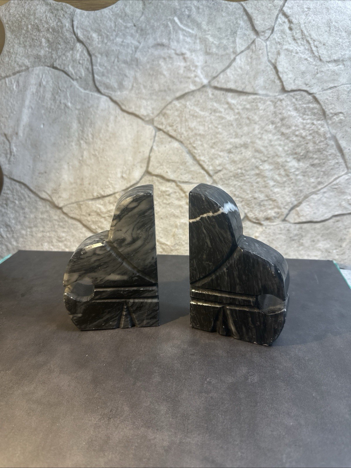 Marble Abstract Black and White Bookends Pair 6″ Asymmetrical Decorative Art