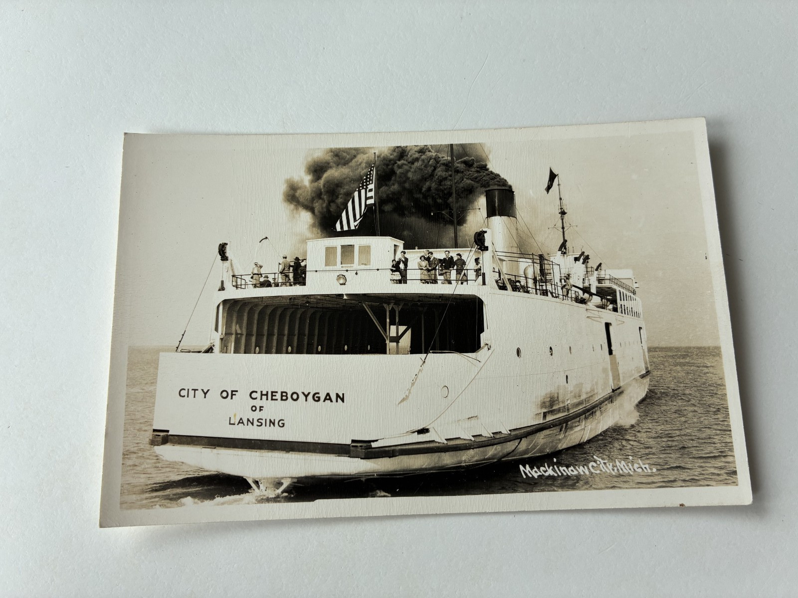 Vintage Postcard RPPC c1936 Michigan Mackinac Island City Of Cheboygan Ferryboat
