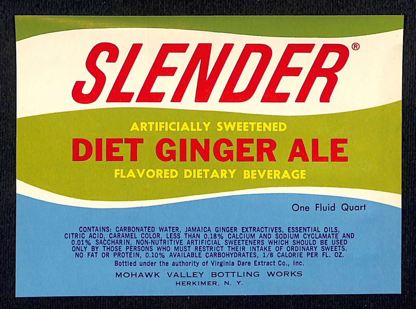 Slender Diet Ginger Ale Saccharin Herkimer, NY Paper Soda Label c1960’s Scarce