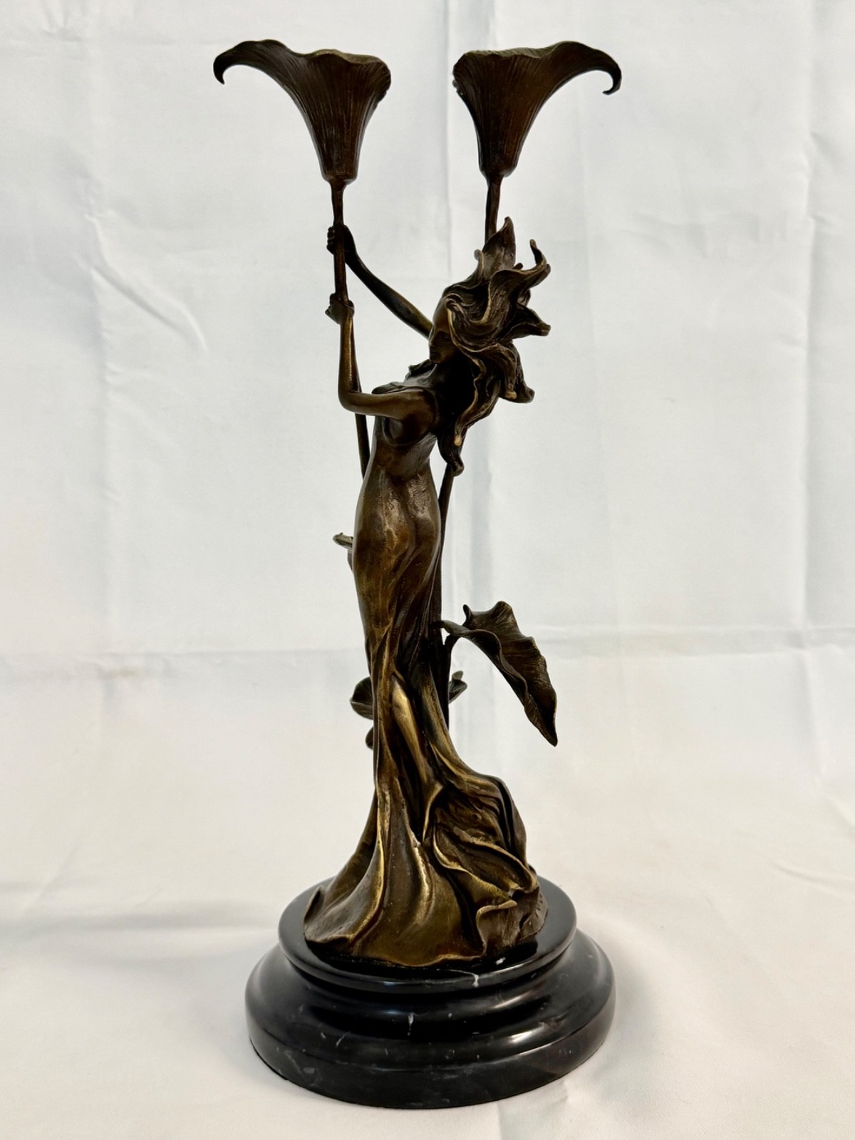 Signed MILO Art Nouveau Hot Cast Bronze Double Calla Lily Figural Candelabra 14″
