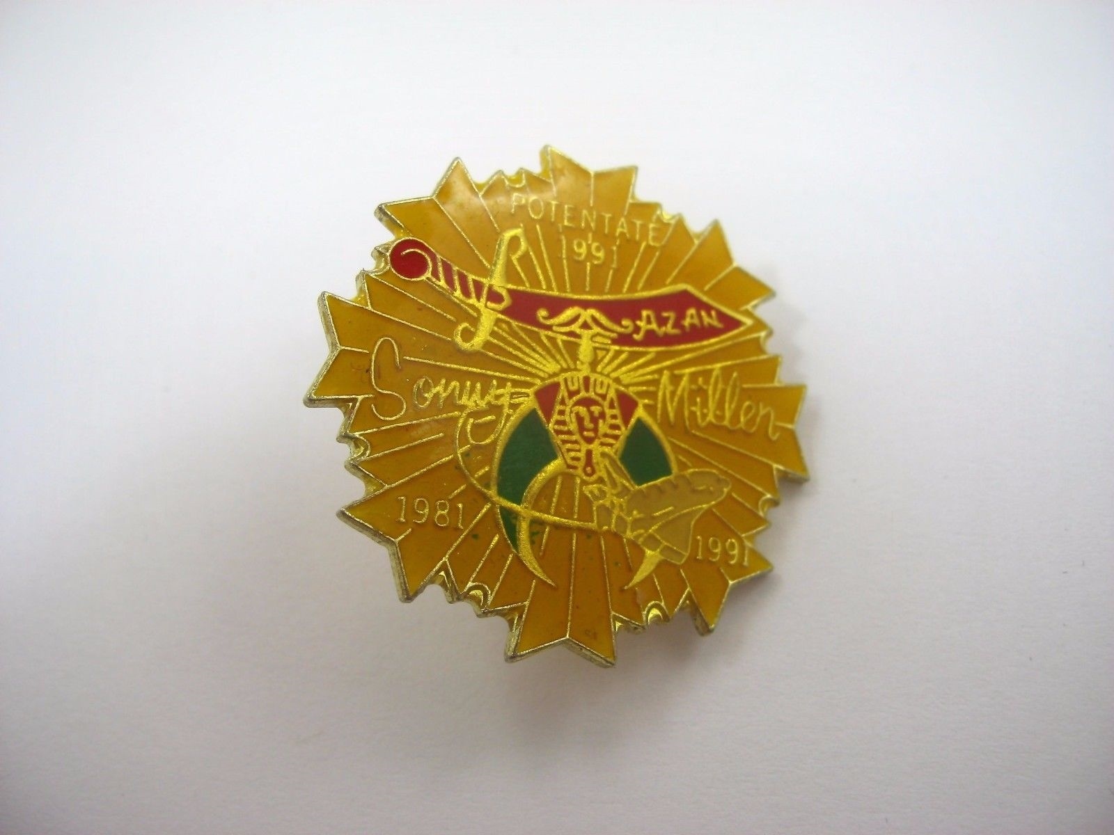 1991 Shriner Potentate Pin Sonny Miller Azan Temple Masonic Lapel Hat Badge