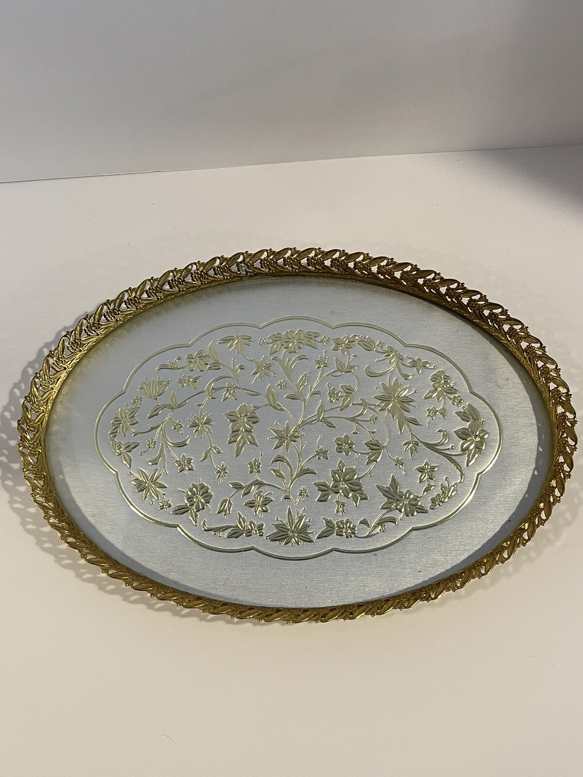 Vintage Mid Century Gold Filigree Oval Vanity Dresser Table Top Tray 13×9