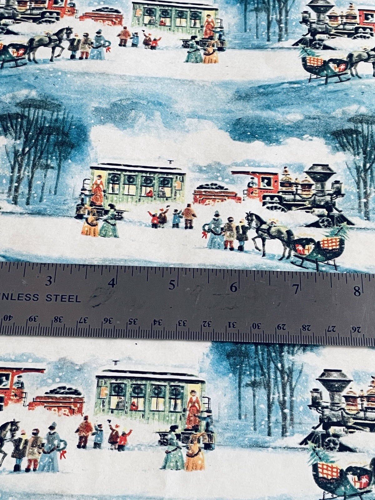 VTG CHRISTMAS WRAPPING PAPER GIFT WRAP SLEIGH TREE TRAIN WINTER SCENE GORGEOUS
