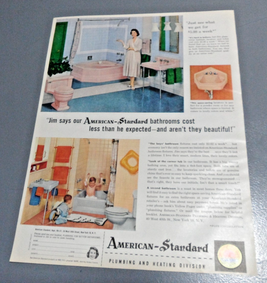 50s Print Ad American Standard Bathroom Fixtures Bath Decor Pink Tub Kids NY LFD