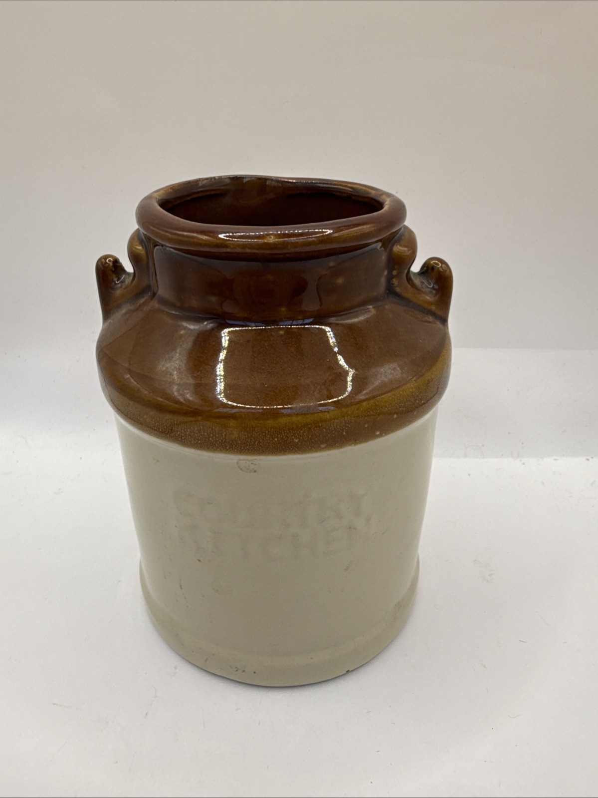 Gourmet Utensils Crock Farmhouse Cottage Boho Retro Kitchen Country Brown Beige