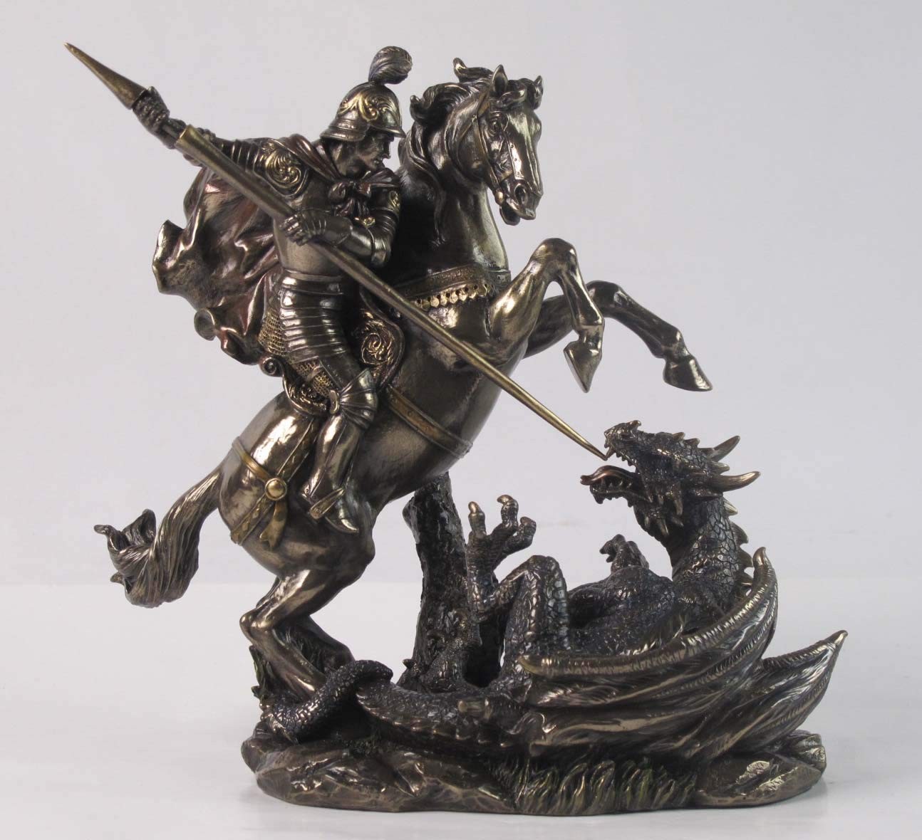 Saint St George on Horse Slaying Dragon 9 1/8″ Colored Bronze Resin Statue