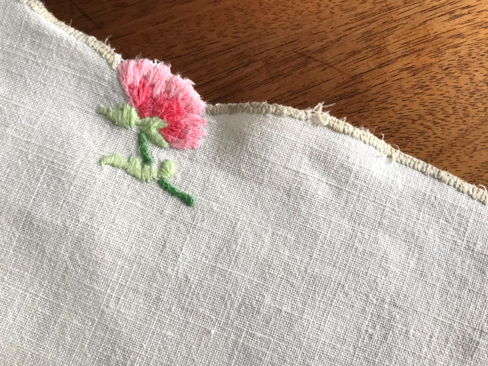Vintage hand Embroidered Tablecloth Flowers Hollyhocks 32×33 inches