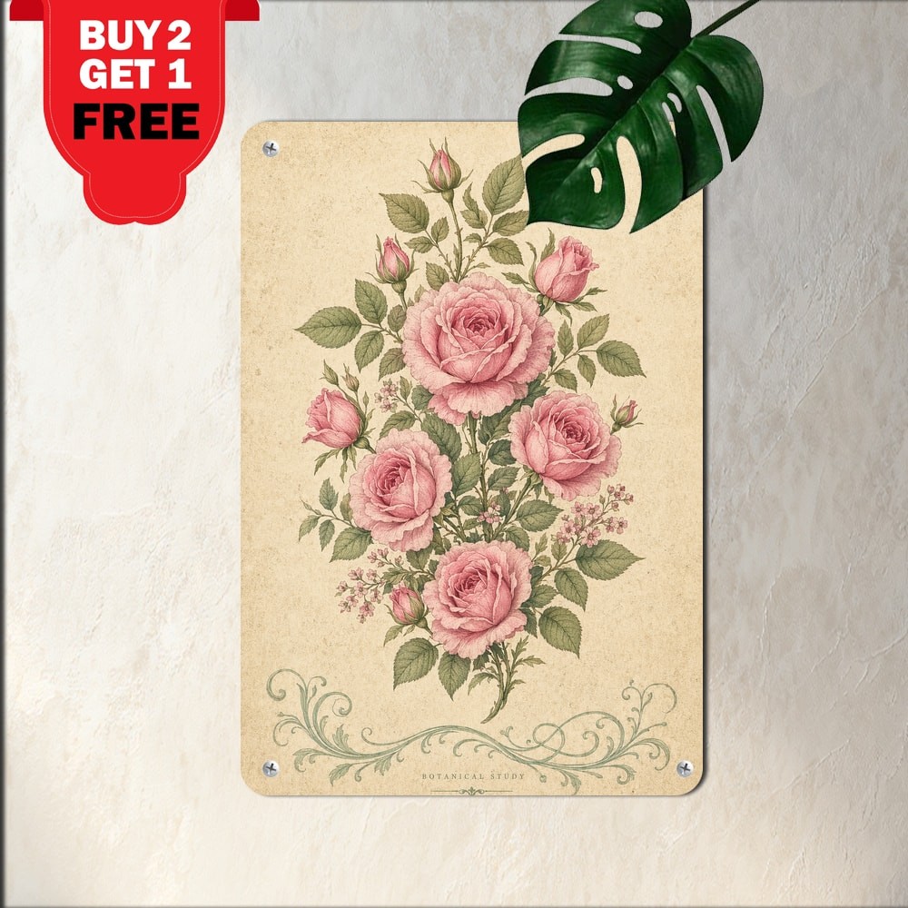 Vertical Pink Rose Floral Bouquet Art Metal Tin Sign Decor 8×12