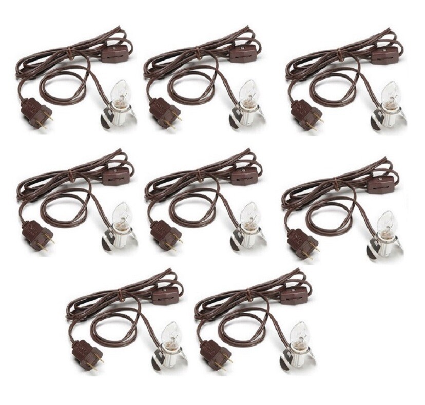 Lot of 8 cords Brown Clip Lamp Light 6′ Electric Cord with Socket on/off Switch