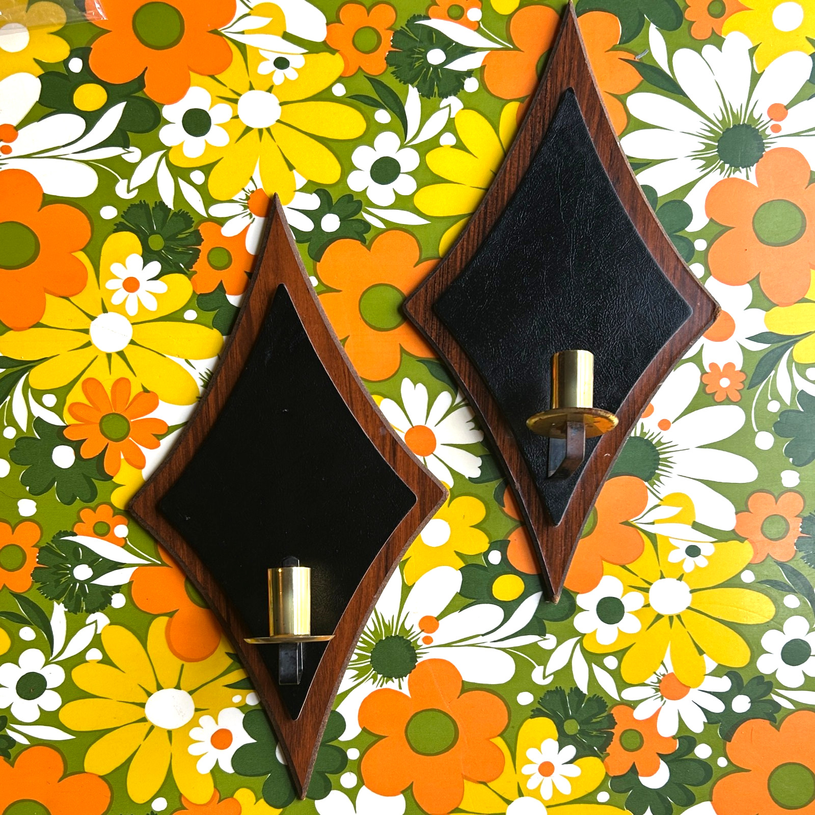 Vintage MCM Diamond Dark Wood & Leather Wall Sconce Metal Candle Holder Set 2