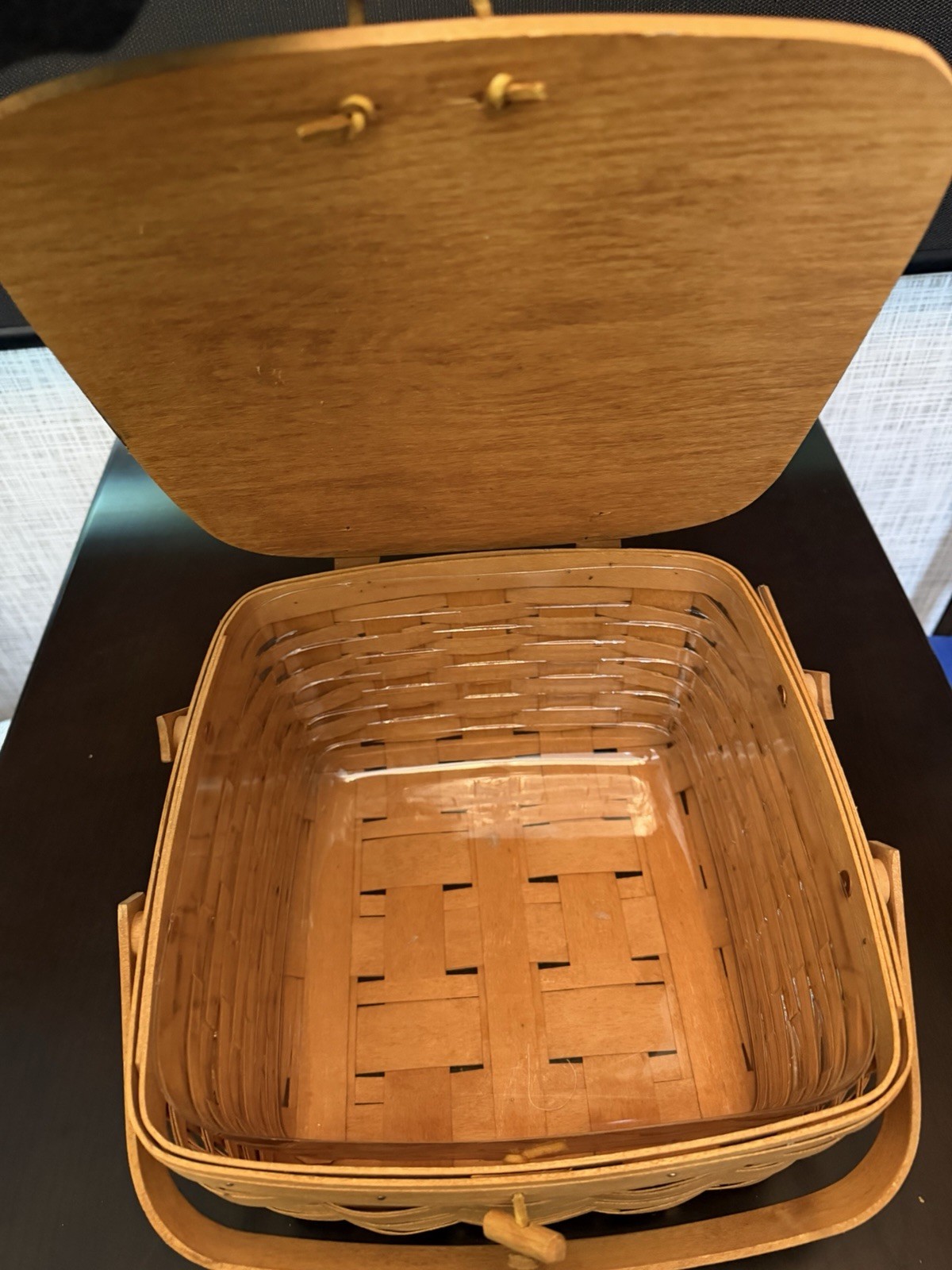 Longaberger Double Handled Picnic Basket Signed PSW 1994 W/Clear Plastic Liner.