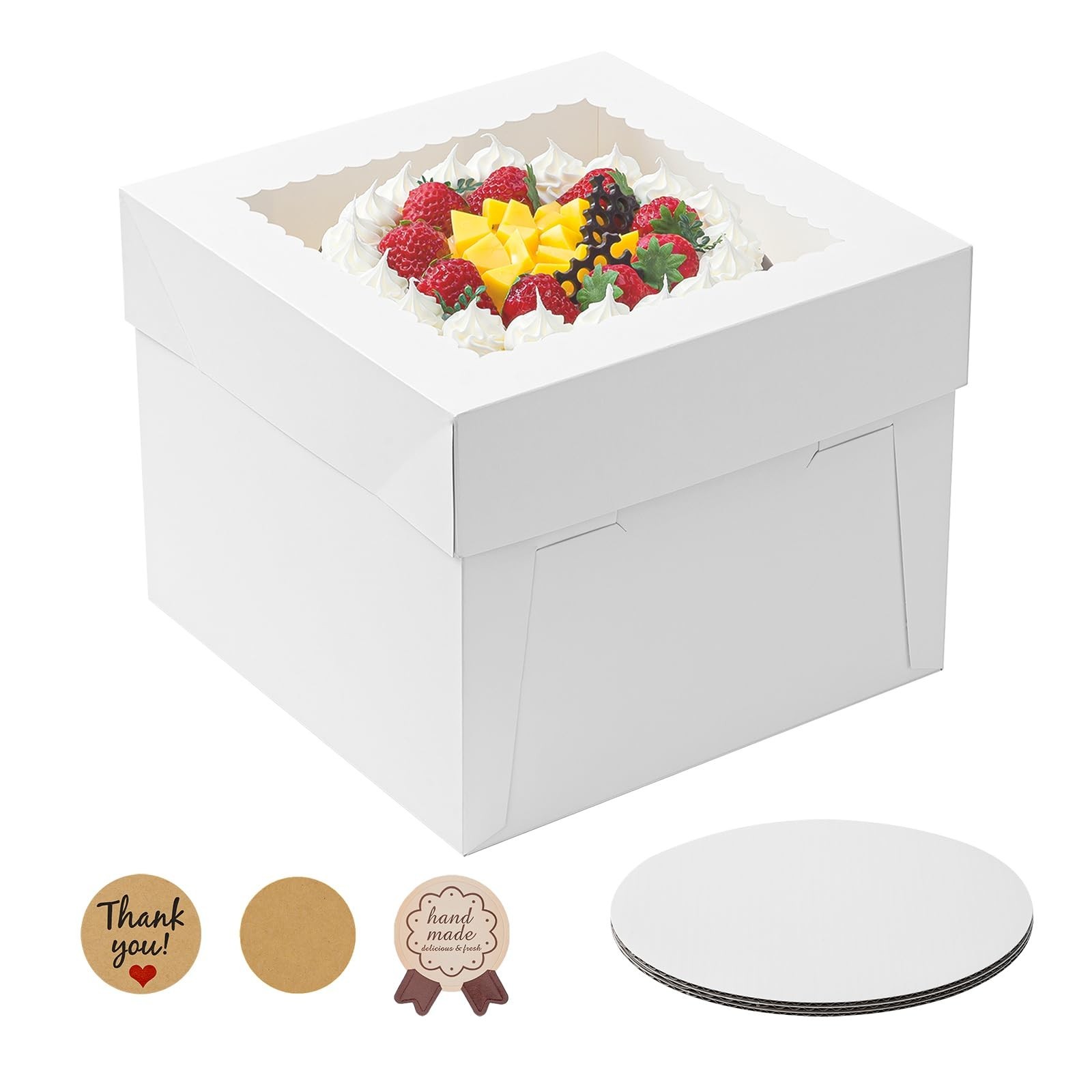 5 Pack Cake Boxes, 10x10x8 Inches Tall Cake Box with Cake Boards, White Baker…