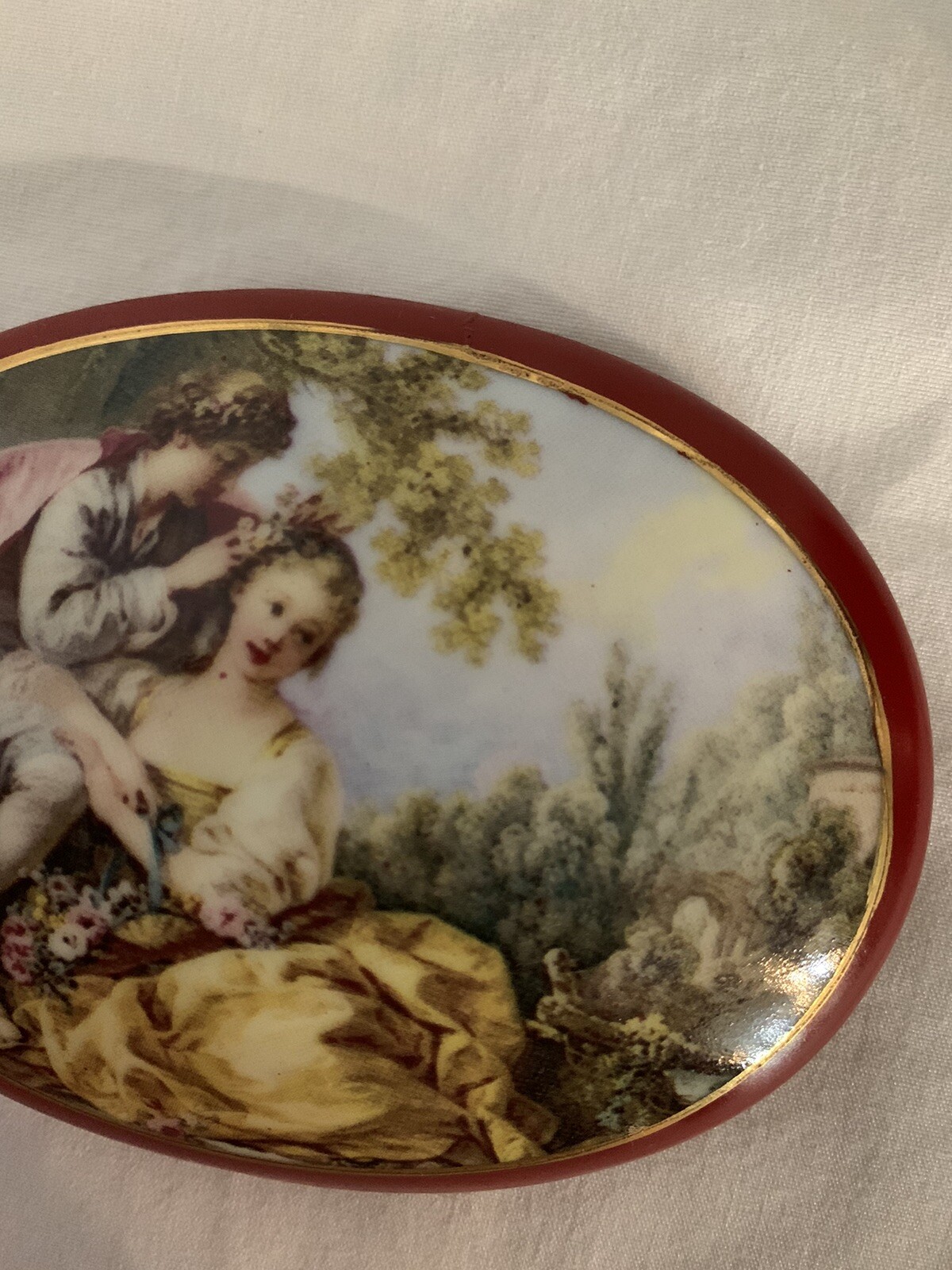 Limoges Trinket Box Red Oval Gold Trim Toile Lovers Lift Off Lid Not Hinged