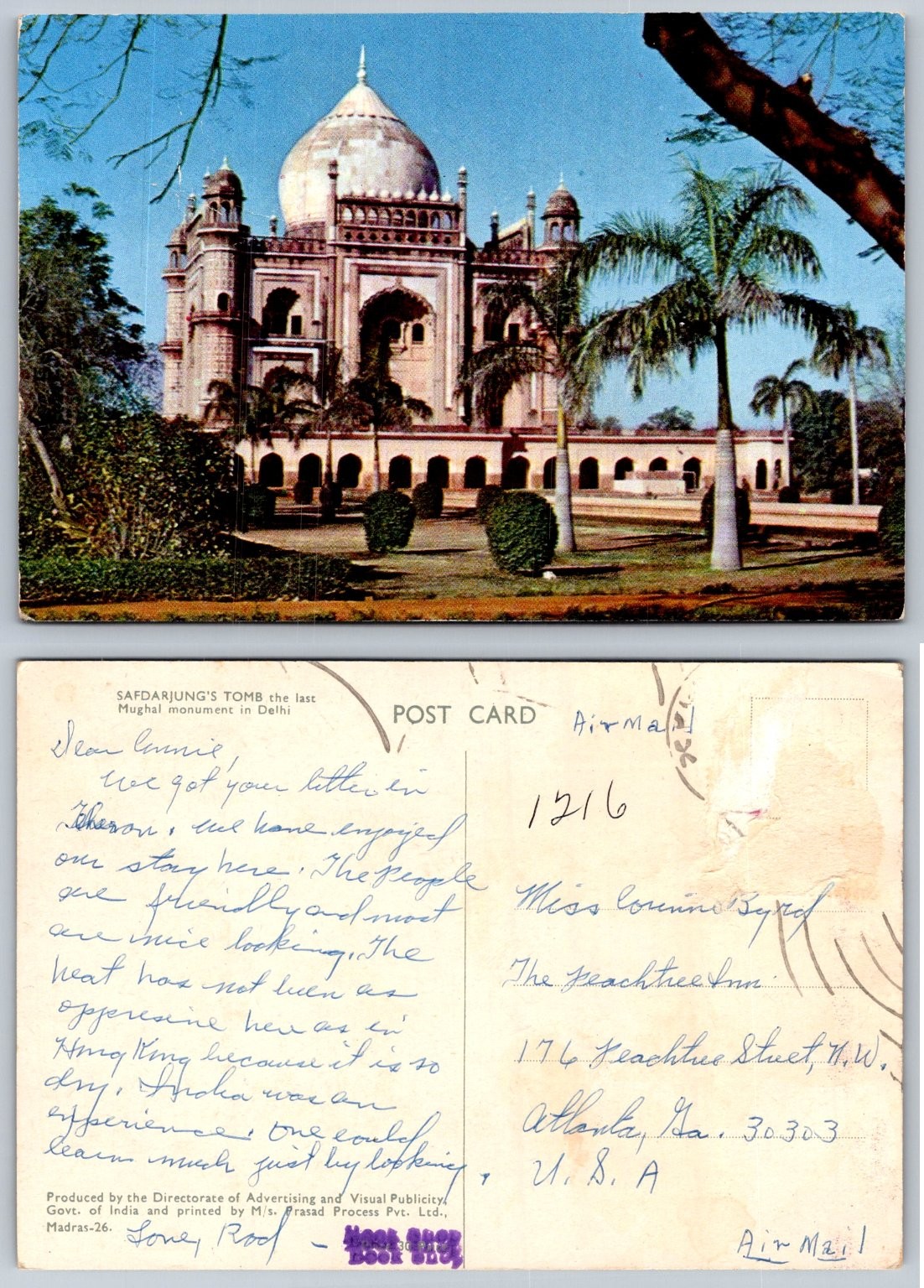 Safdarjung’s Tomb Delhi India Vintage Postcard Mughal Monument Postmarked