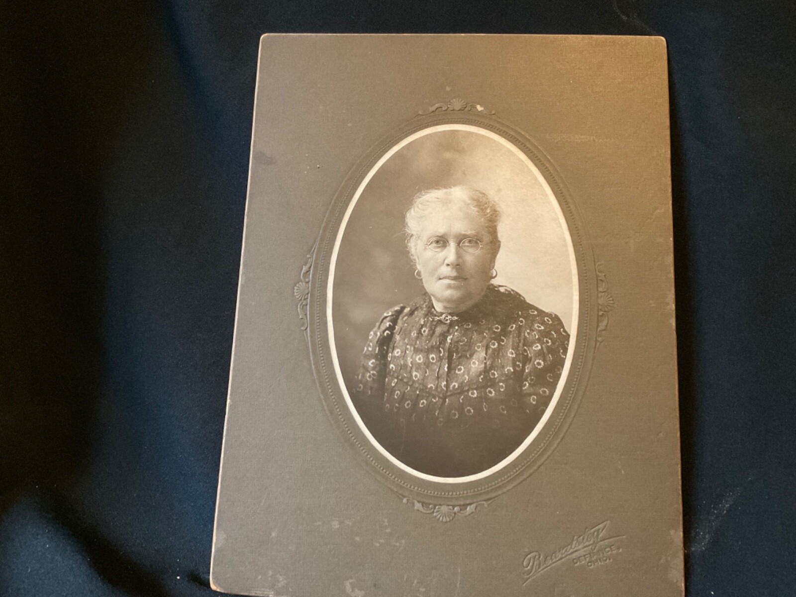 OVAL CABINET PHOTO..Lady with round glasses and hoop earrings Defiance Ohio