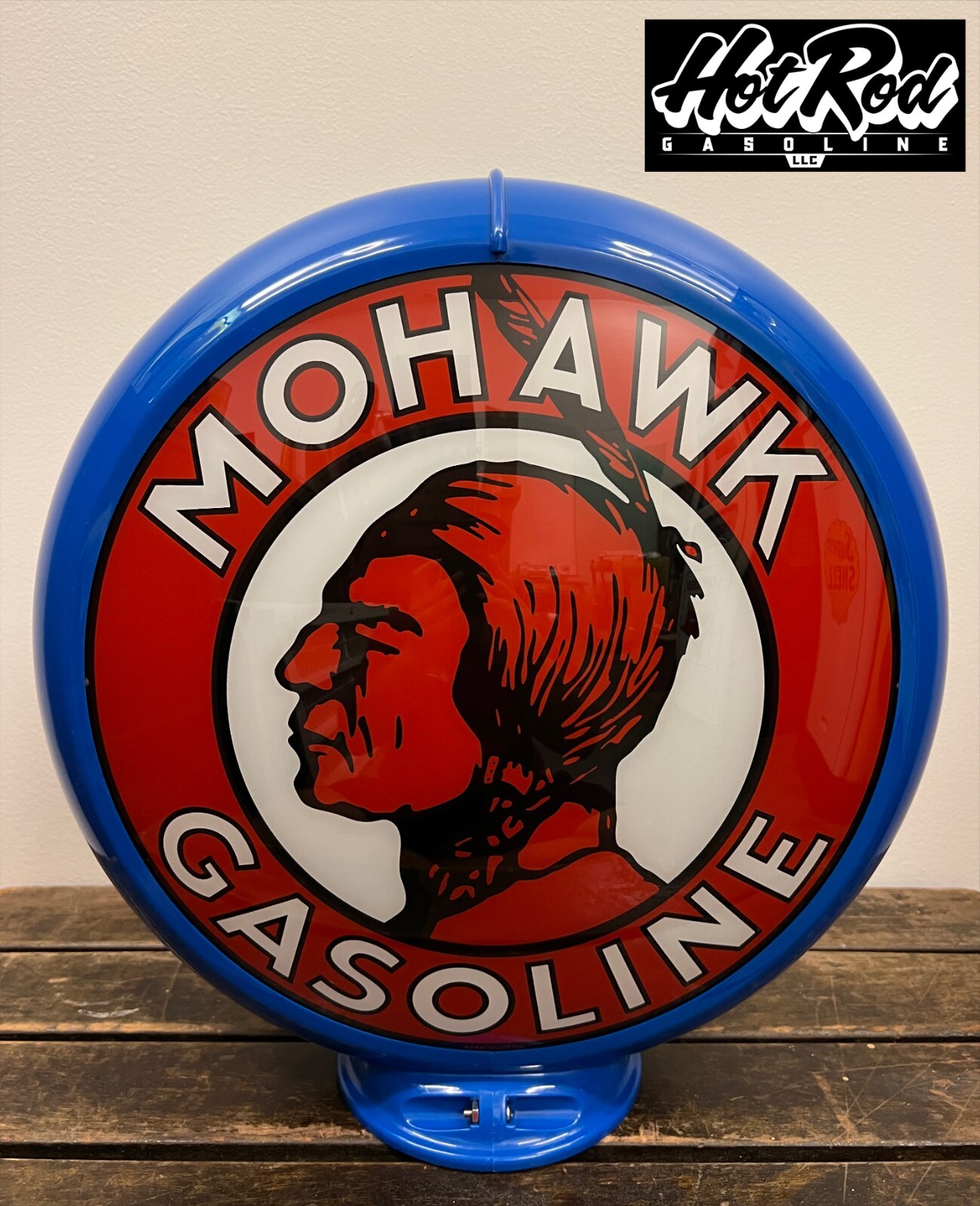 MOHAWK GASOLINE Reproduction 13.5″ Gas Pump Globe – (Blue Body)