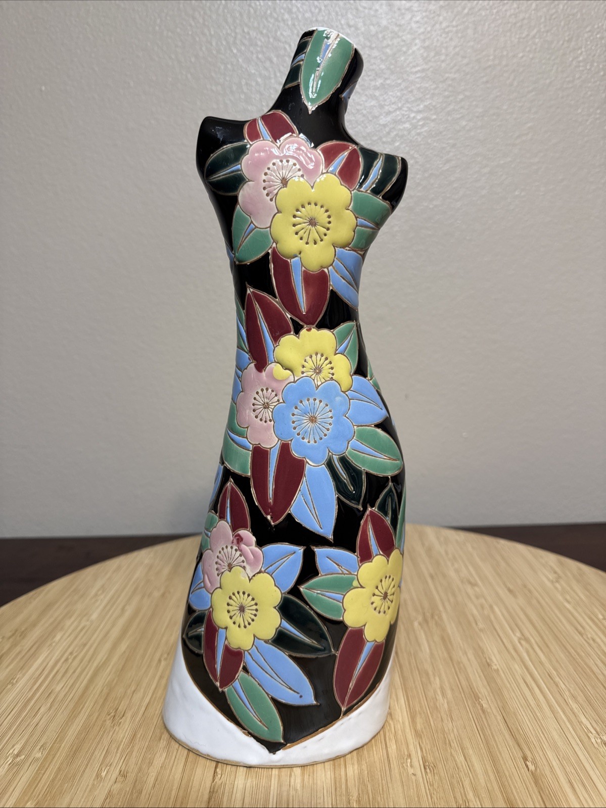 Vintage Figural Torso Vase Floral Ceramic Black Decorative Mid Century