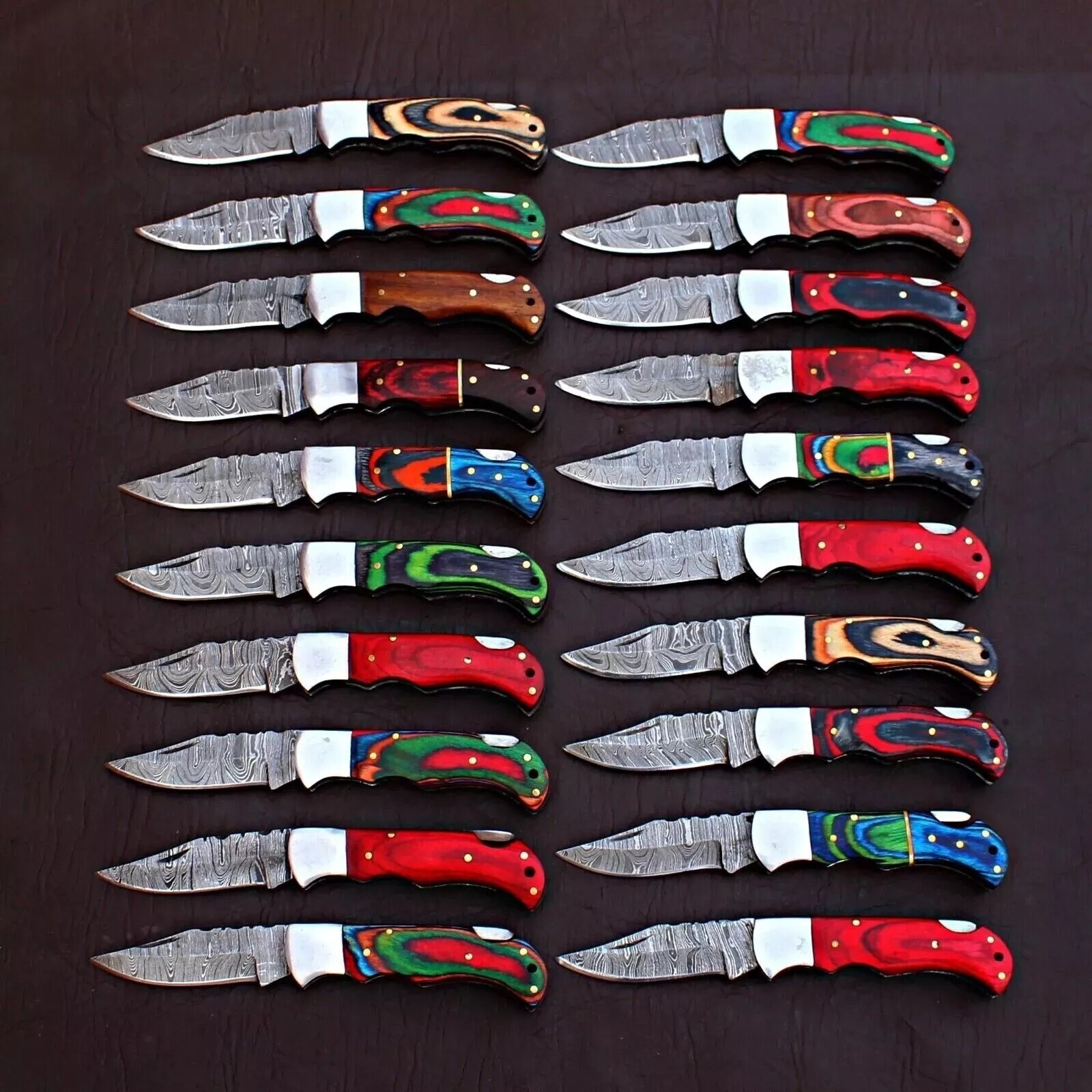 SET OF 20PCS OF CUSTOM POCKET KNIVES, COLORED WOOD HANDLE WITH LEATHER SHEATH