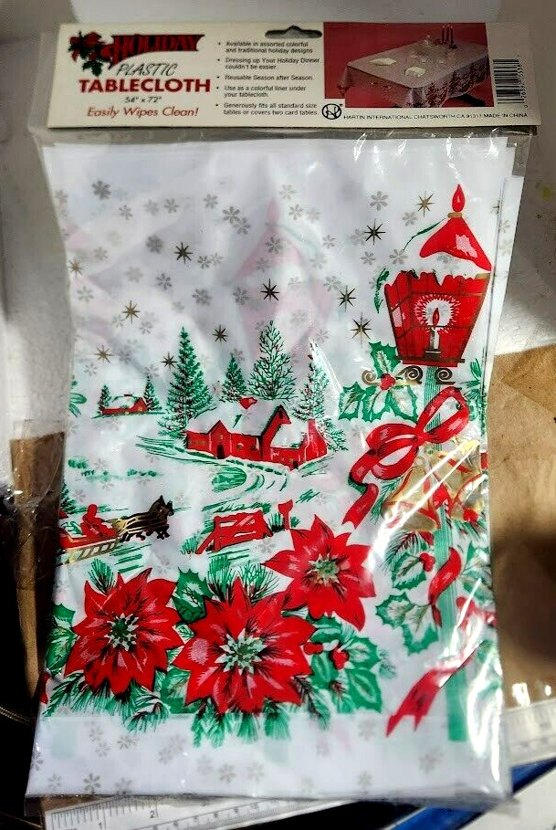 Vtg Christmas Vinyl Plastic Tablecloth 54”x 72” Poinsettias SNOW SLEDDING FARM