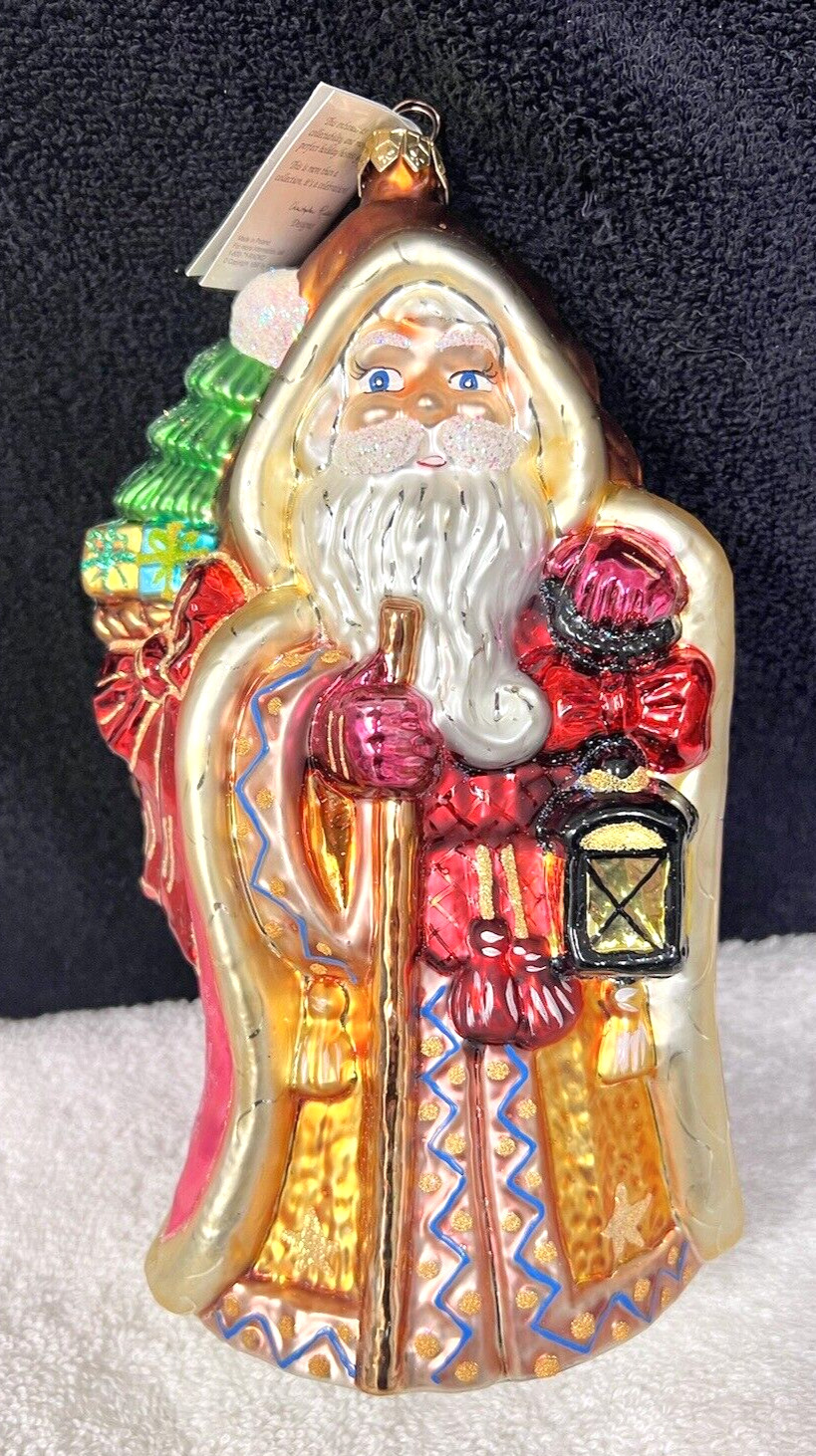 Radko 9″ Santa w Walking Stick Lantern & Tree w Presents and Red Bow w Box
