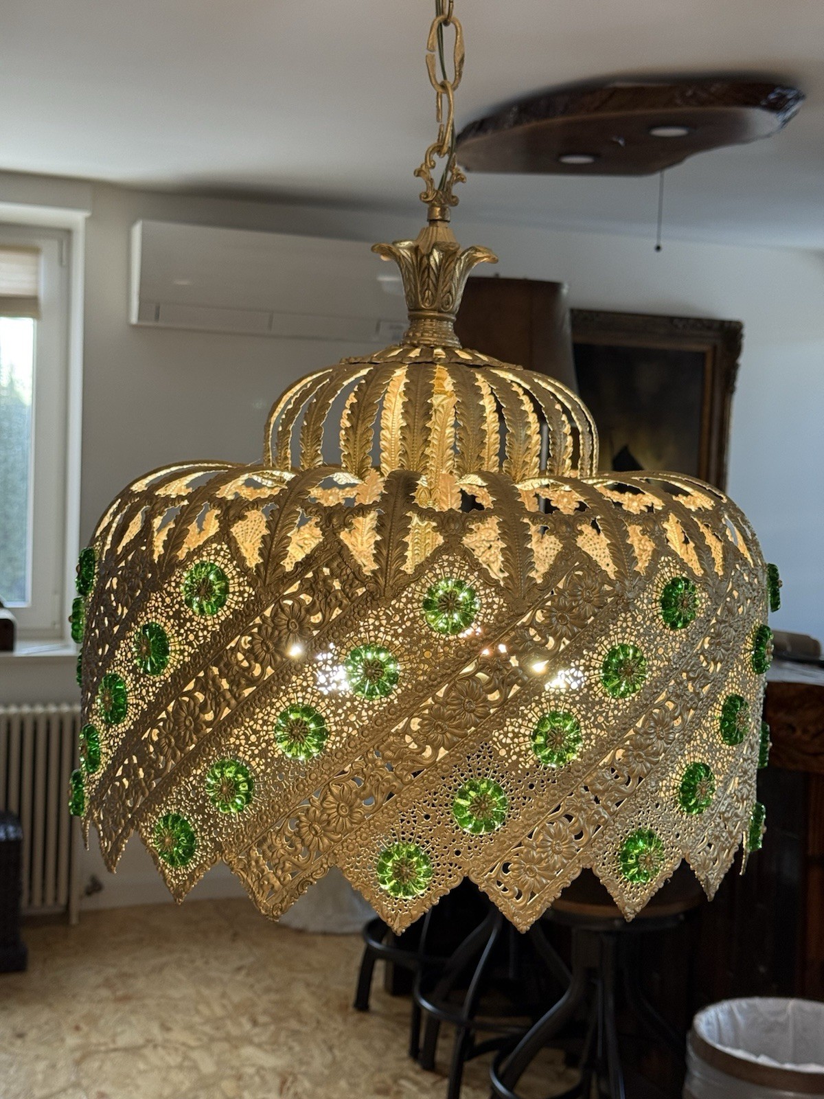 Vintage Brass Light Hanging LampCrystals Hollywood Regency