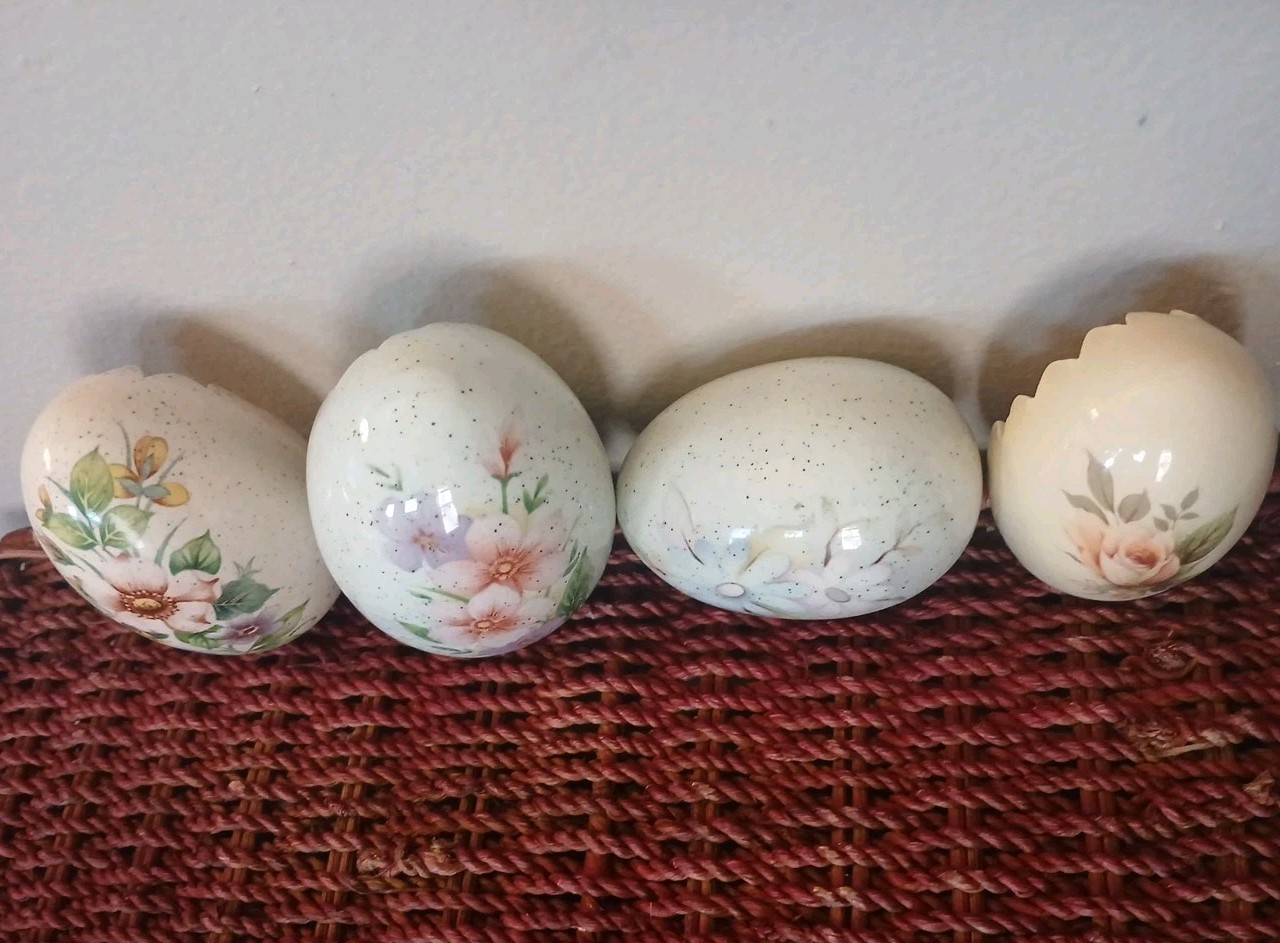 Vintage Hand Painted Porcelain Eggs Cracked Egg Opening Backs Floral Set of 4