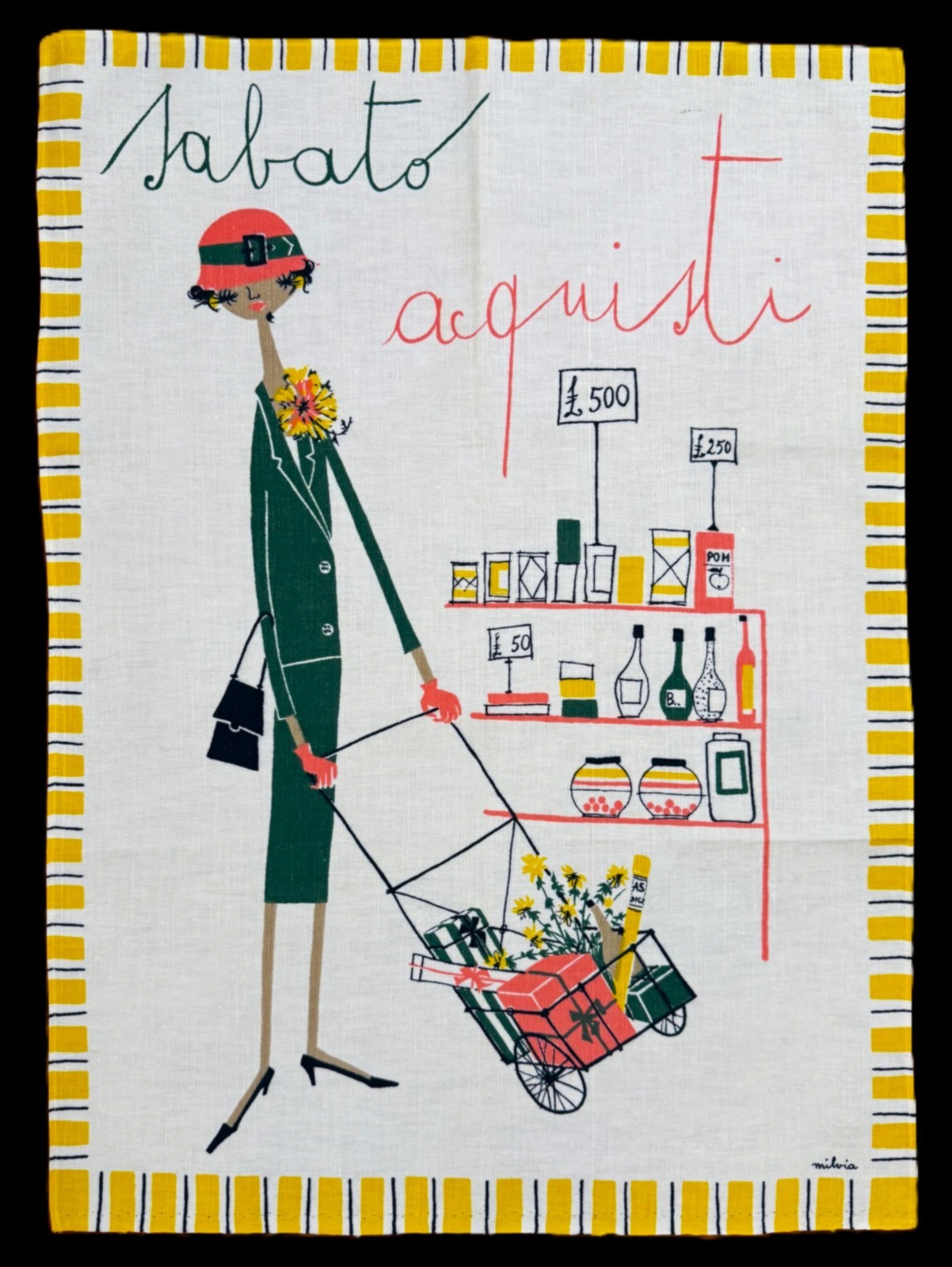 NWOT 60s MILVIA Italian Tea Towel Days of Week SABATO ACQUISTI Saturday Shopping