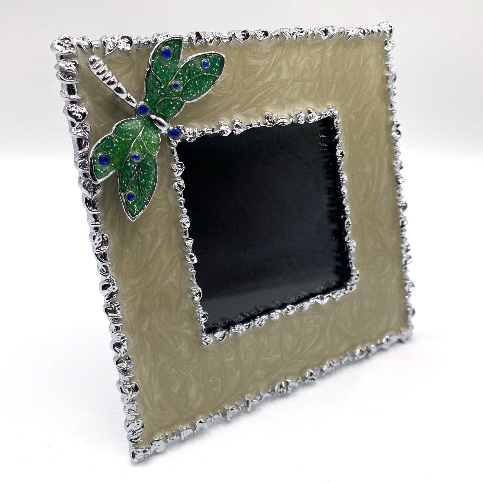 GANZ Jeweled Dragonfly Enamel Picture Frame Cream & Chrome – Holds 3″ x 3″ Photo