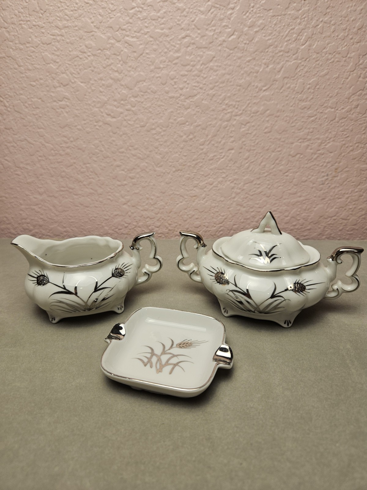 Vintage Lefton China Creamer Sugar Bowl Small Dish Set Silver Wheat Pattern