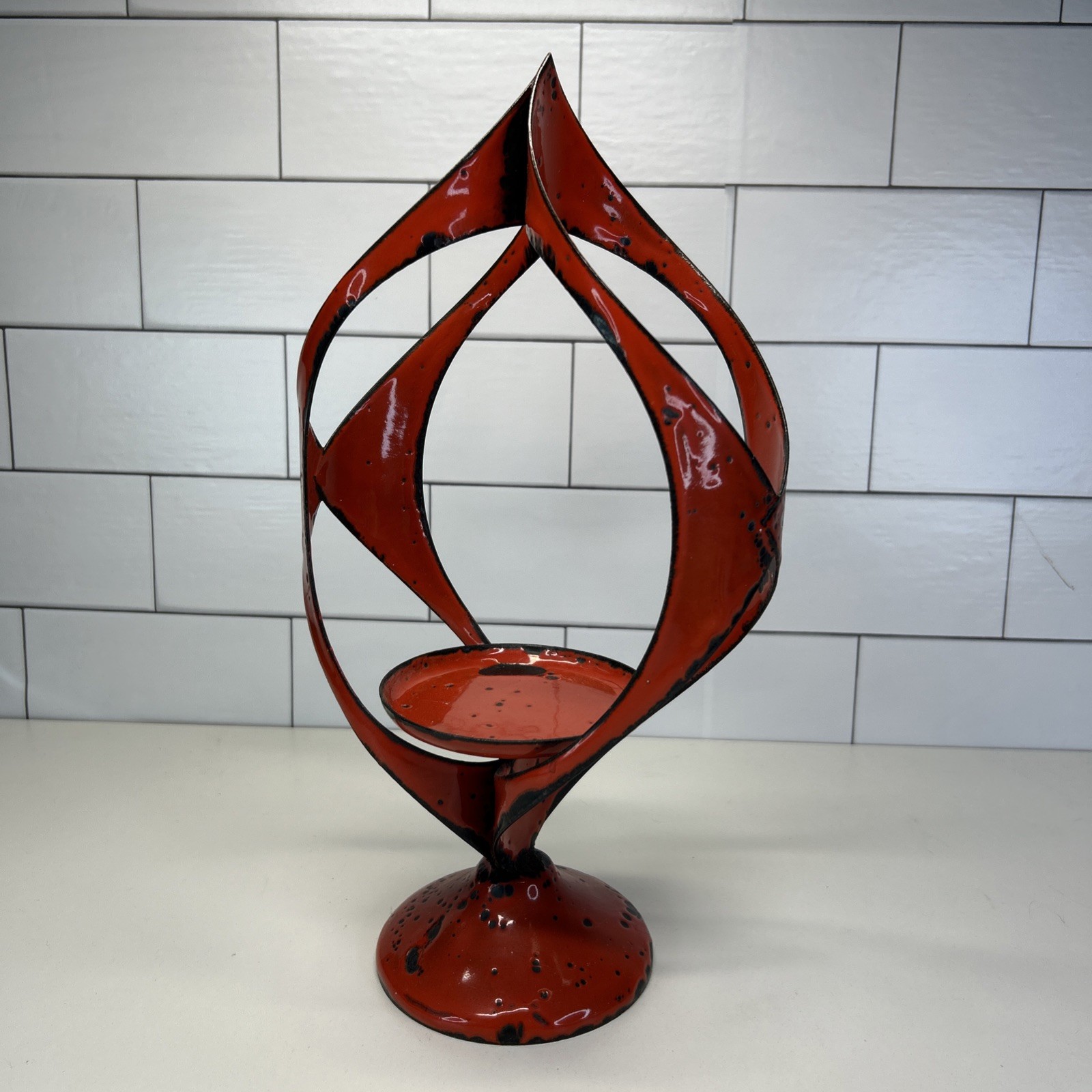 VTG Hanova of Pasadena MCM Candle Holder Red Enamel Metal Atomic Flame Brutalist